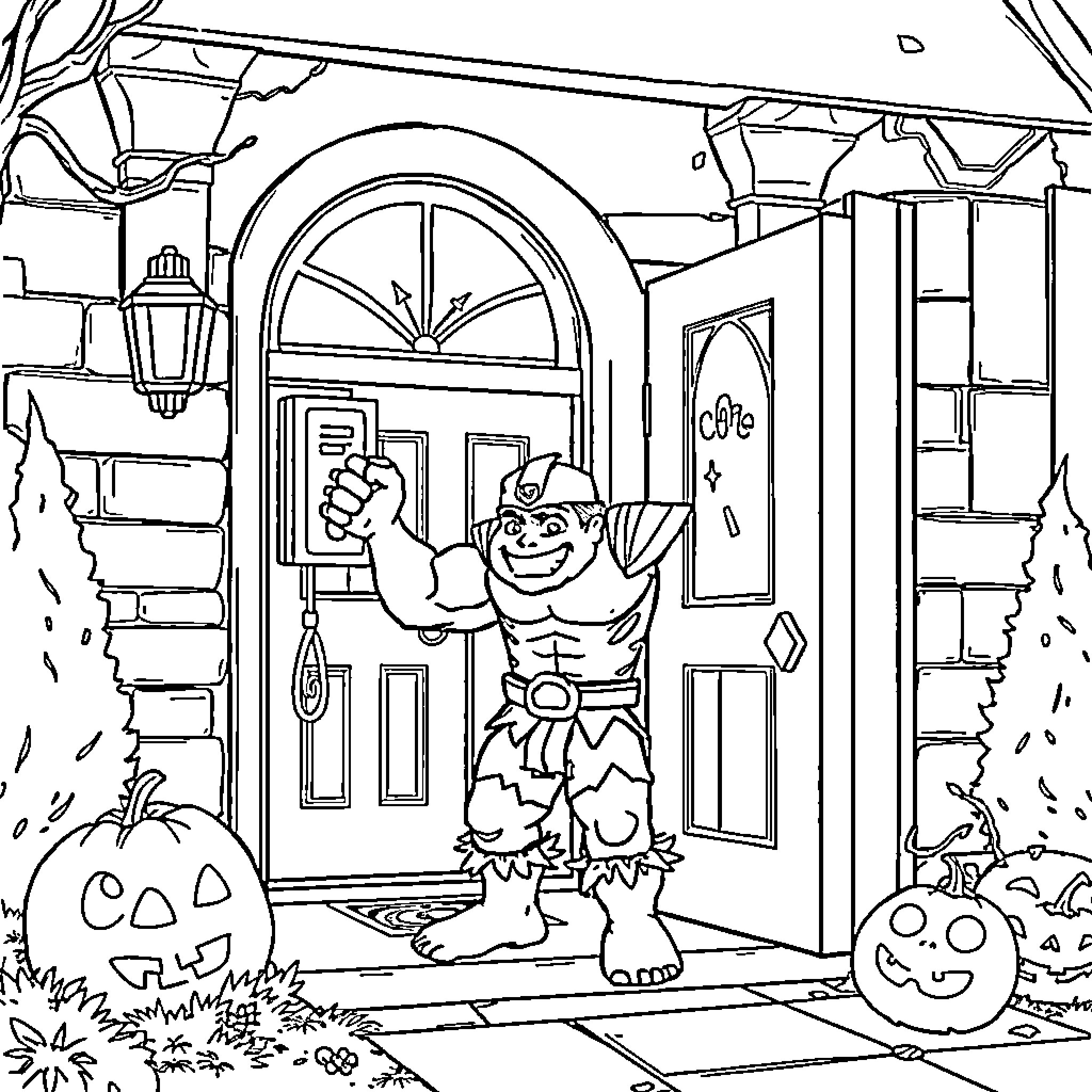 Hulk Welcomes Trick-or-Treaters on Halloween Night Coloring Page (free black-and-white line drawing printable PDF for all, from beginners to advanced learners, including children, teens, adults, and seniors)