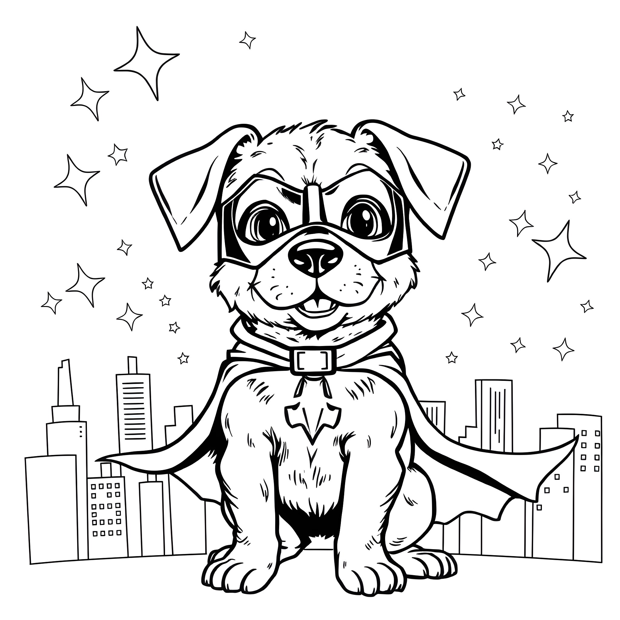Bluey the Superhero Pup Saving the City Coloring Page (free black-and-white line drawing printable PDF for all, from beginners to advanced learners, including children, teens, adults, and seniors)