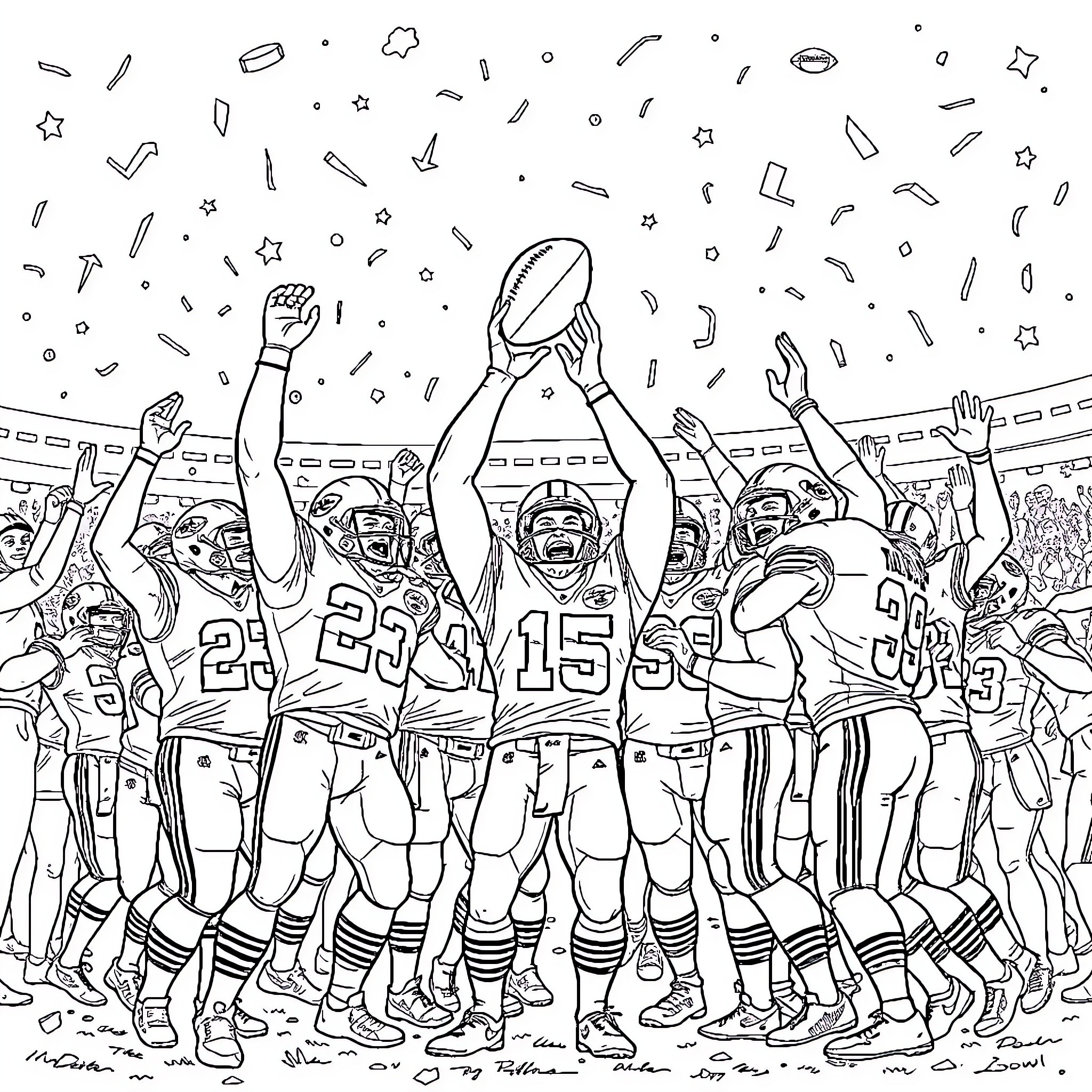Kansas City Chiefs Celebrating Victory on the Field Coloring Page (free black-and-white line drawing printable PDF for all, from beginners to advanced learners, including children, teens, adults, and seniors)