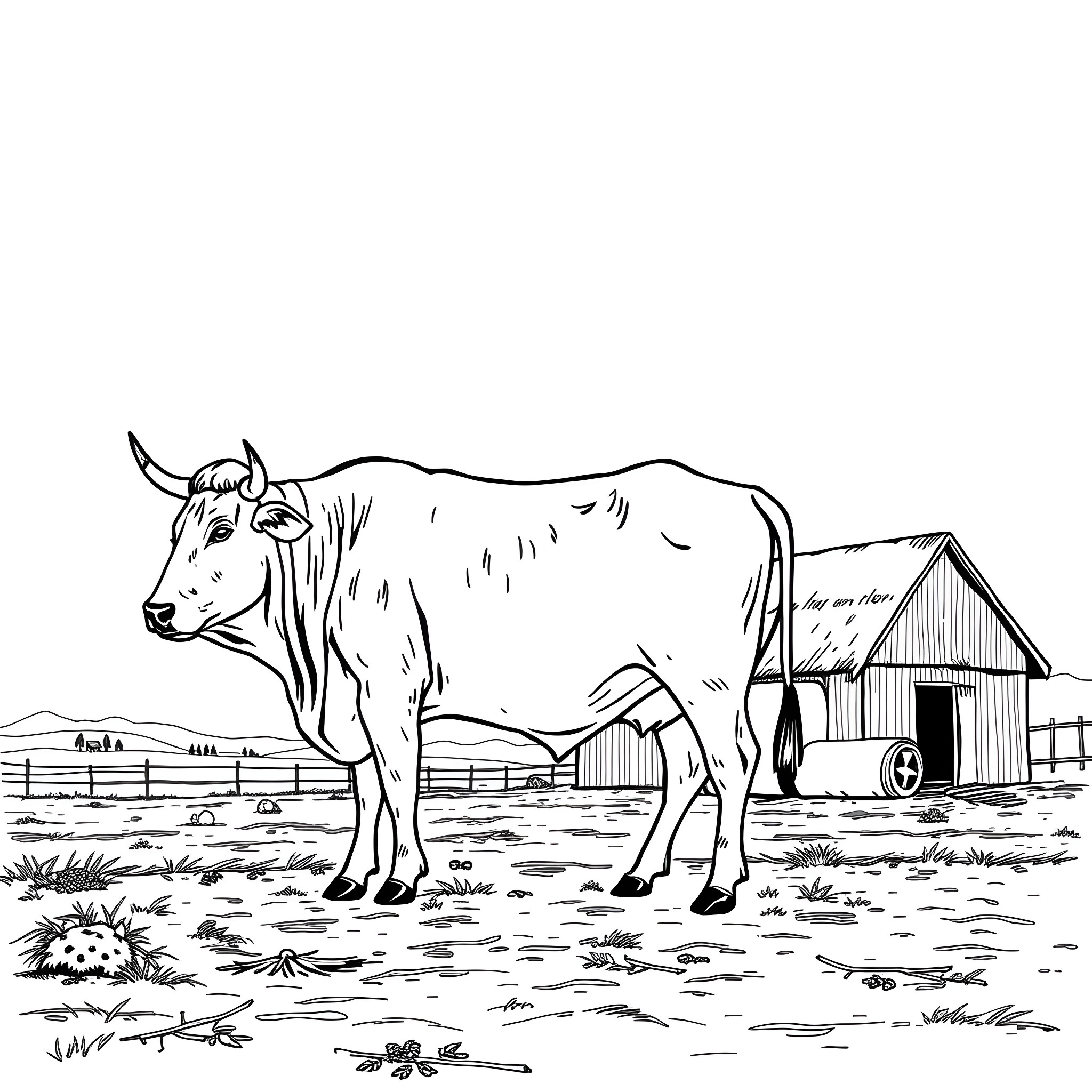 Ox standing stoically by a rural barn Coloring Page (free black-and-white line drawing printable PDF for all, from beginners to advanced learners, including children, teens, adults, and seniors)