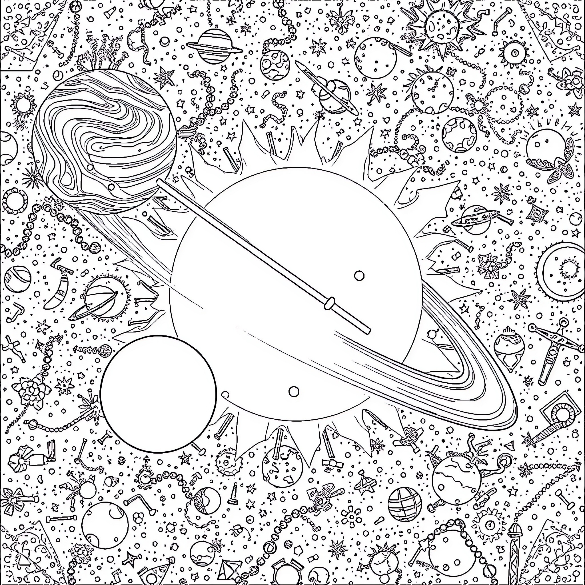 Planet of Celestial Wonders Coloring Page (free black-and-white line drawing printable PDF for all, from beginners to advanced learners, including children, teens, adults, and seniors)