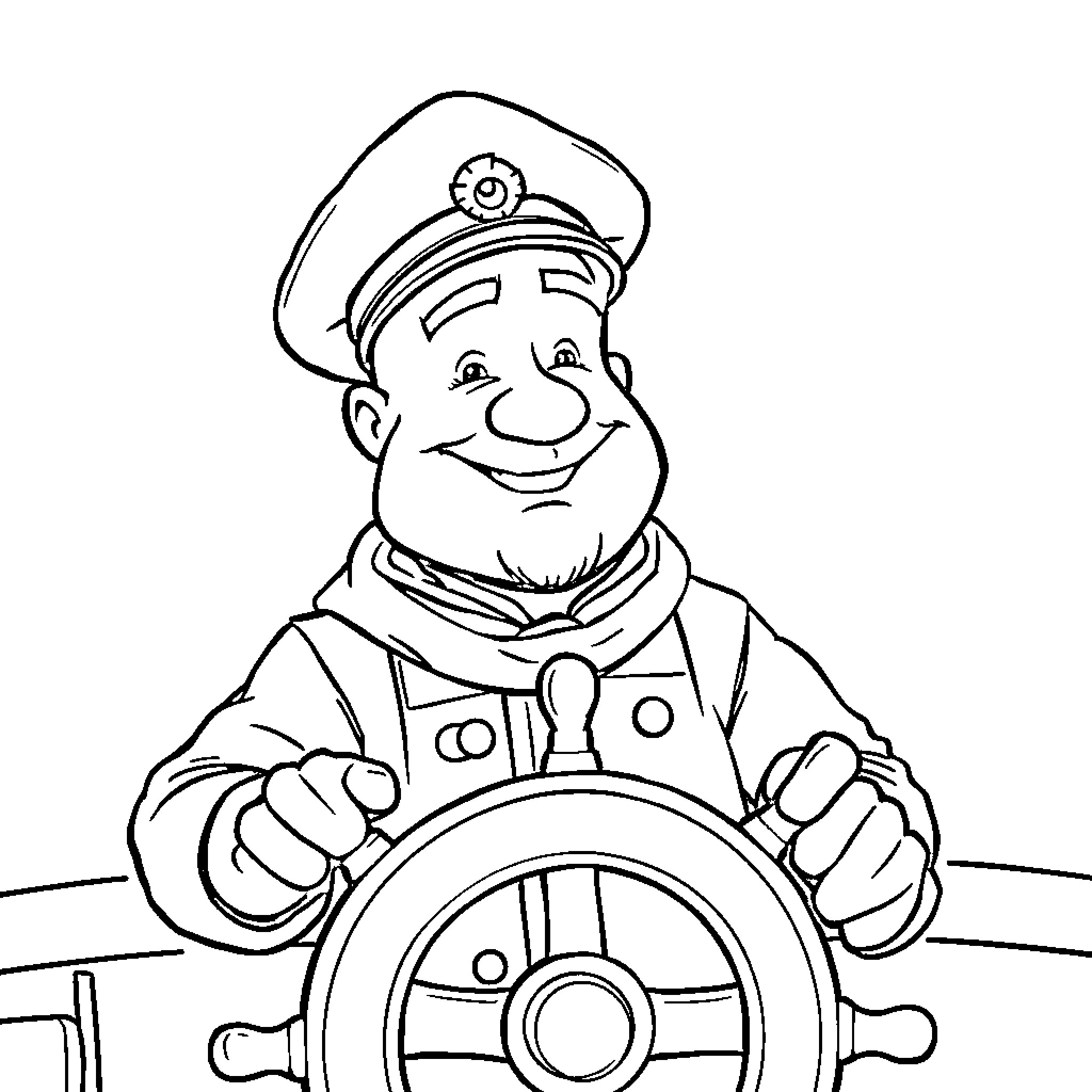 Captain Steering the Ship with Enthusiasm Coloring Page (free black-and-white line drawing printable PDF for all, from beginners to advanced learners, including children, teens, adults, and seniors)