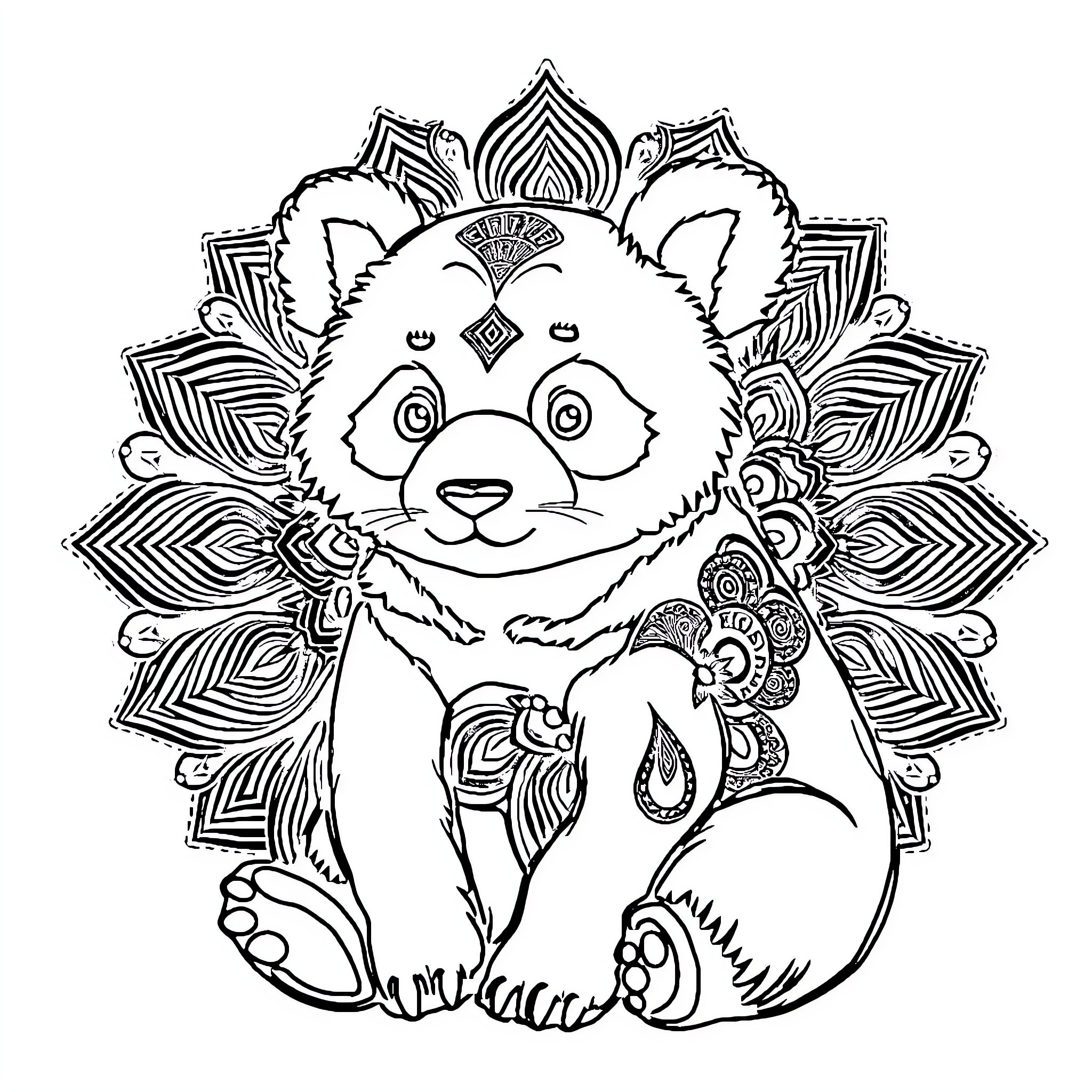 Panda with ornate background Coloring Page (free black-and-white line drawing printable PDF for all, from beginners to advanced learners, including children, teens, adults, and seniors)
