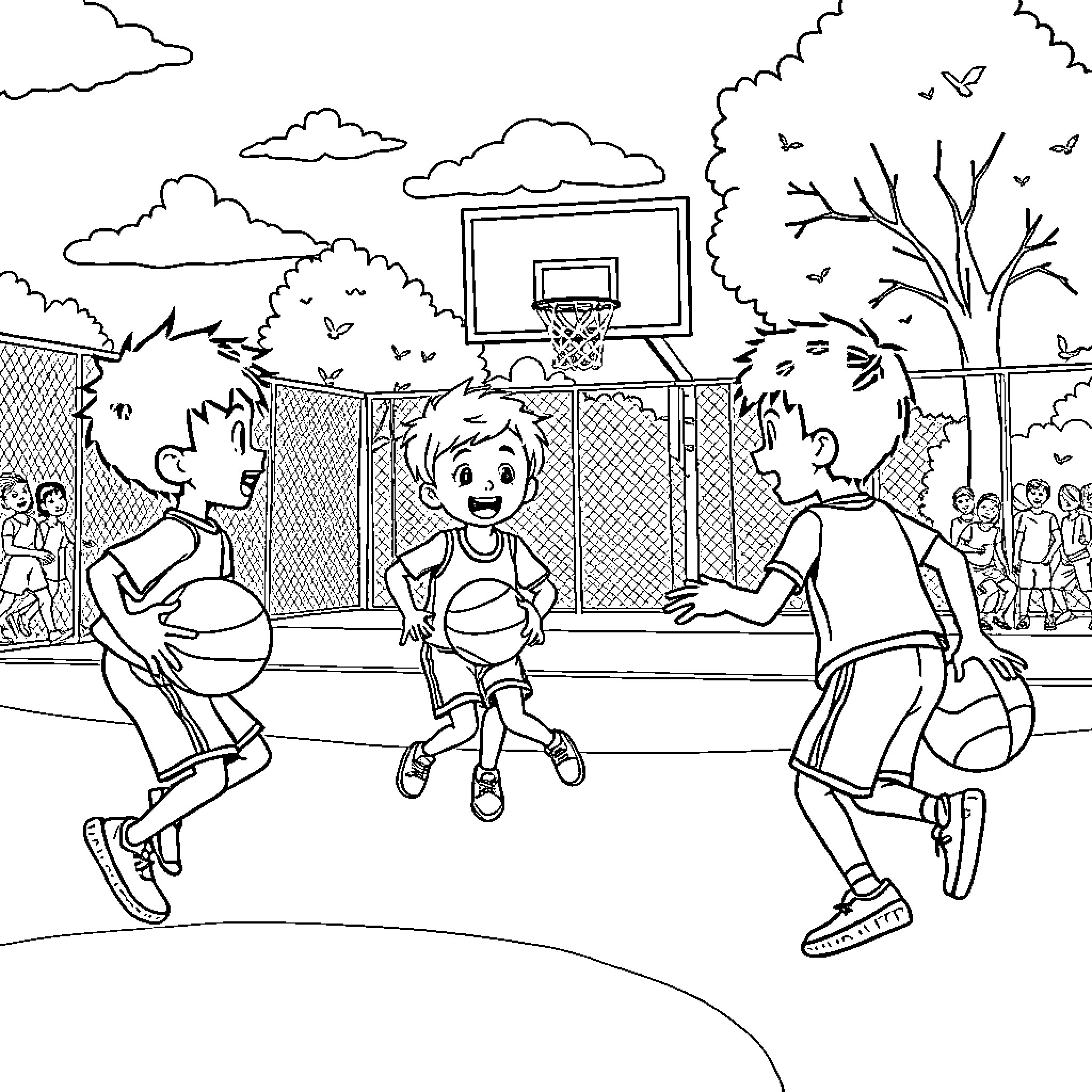 Basketball players enjoying a game outdoors Coloring Page (free black-and-white line drawing printable PDF for all, from beginners to advanced learners, including children, teens, adults, and seniors)