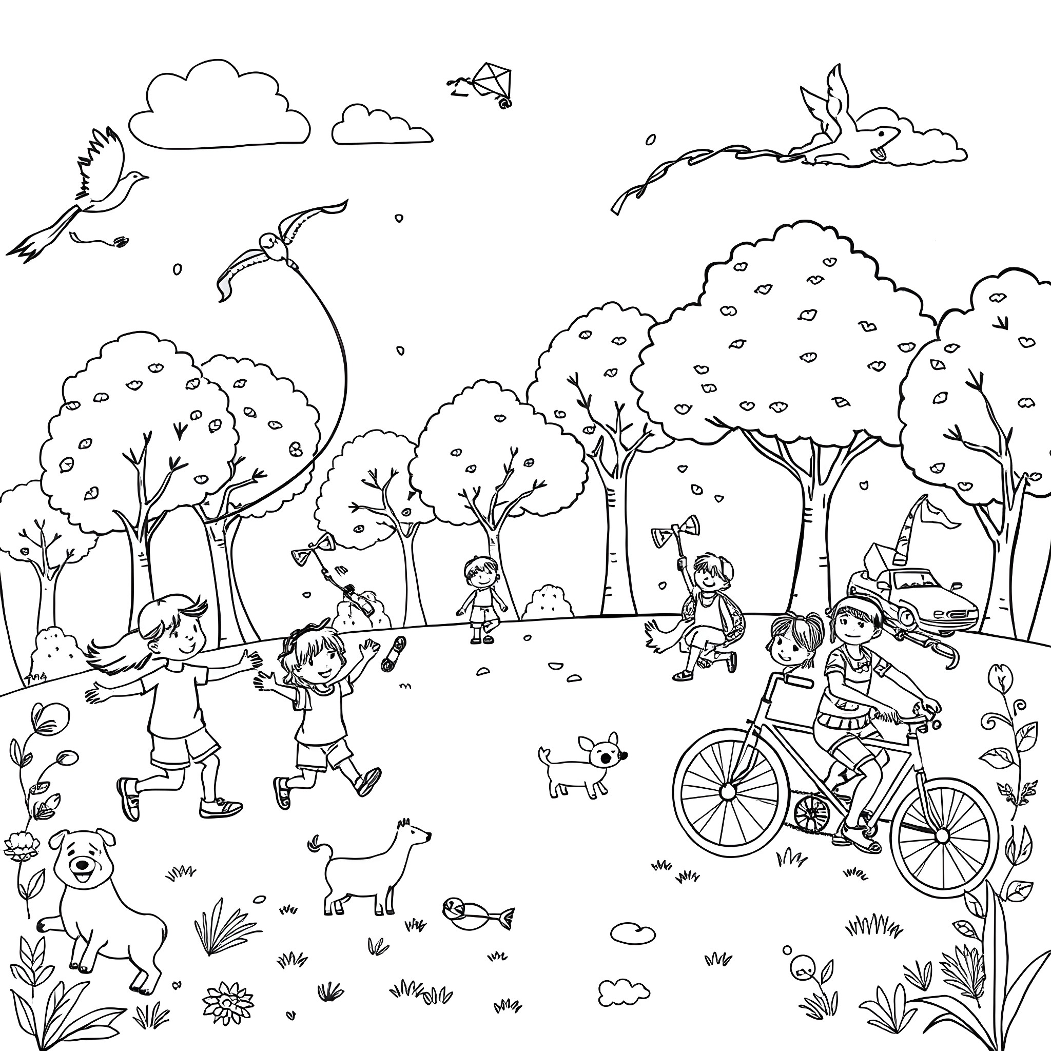 Kids enjoying outdoor activities in a park Coloring Page (free black-and-white line drawing printable PDF for all, from beginners to advanced learners, including children, teens, adults, and seniors)