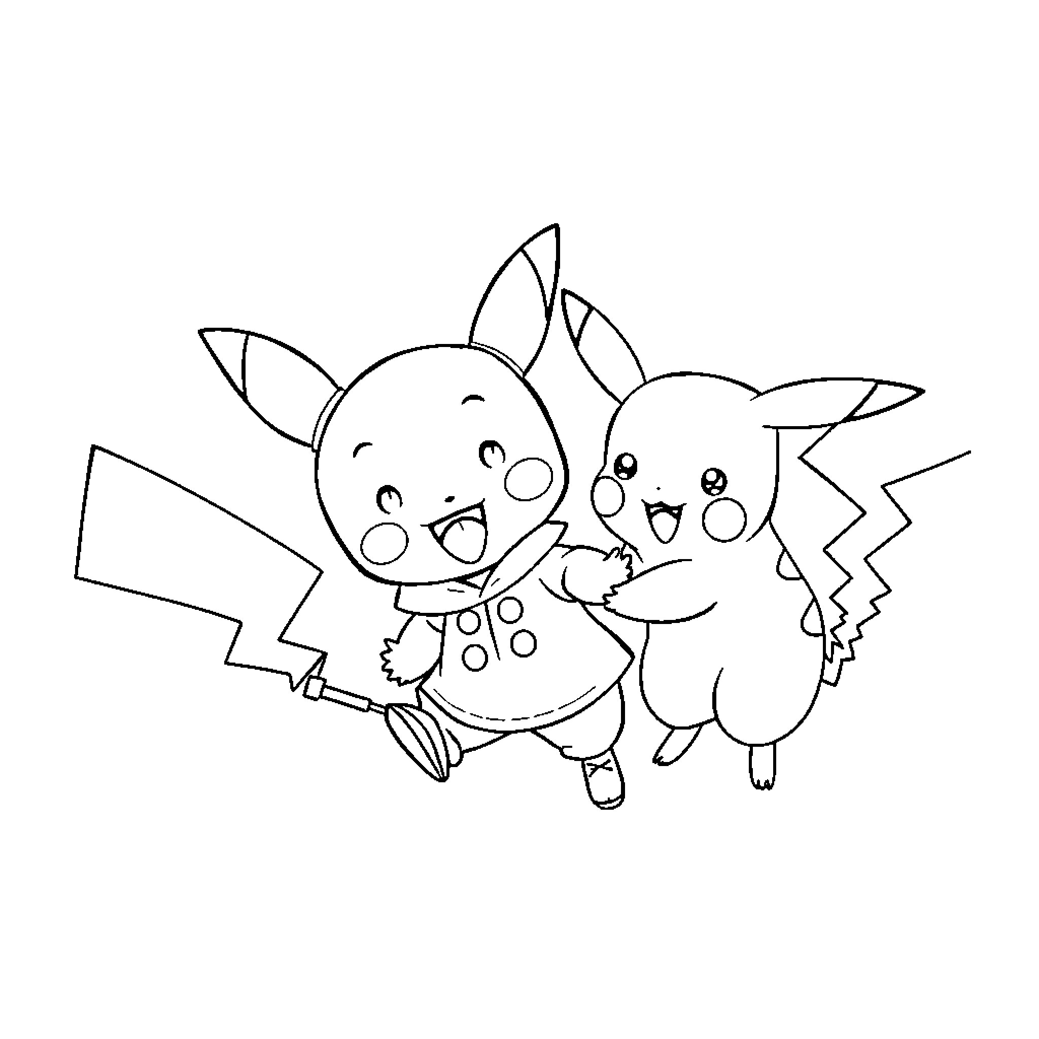 Pocoyo and Pikachu playing together happily Coloring Page (free black-and-white line drawing printable PDF for all, from beginners to advanced learners, including children, teens, adults, and seniors)