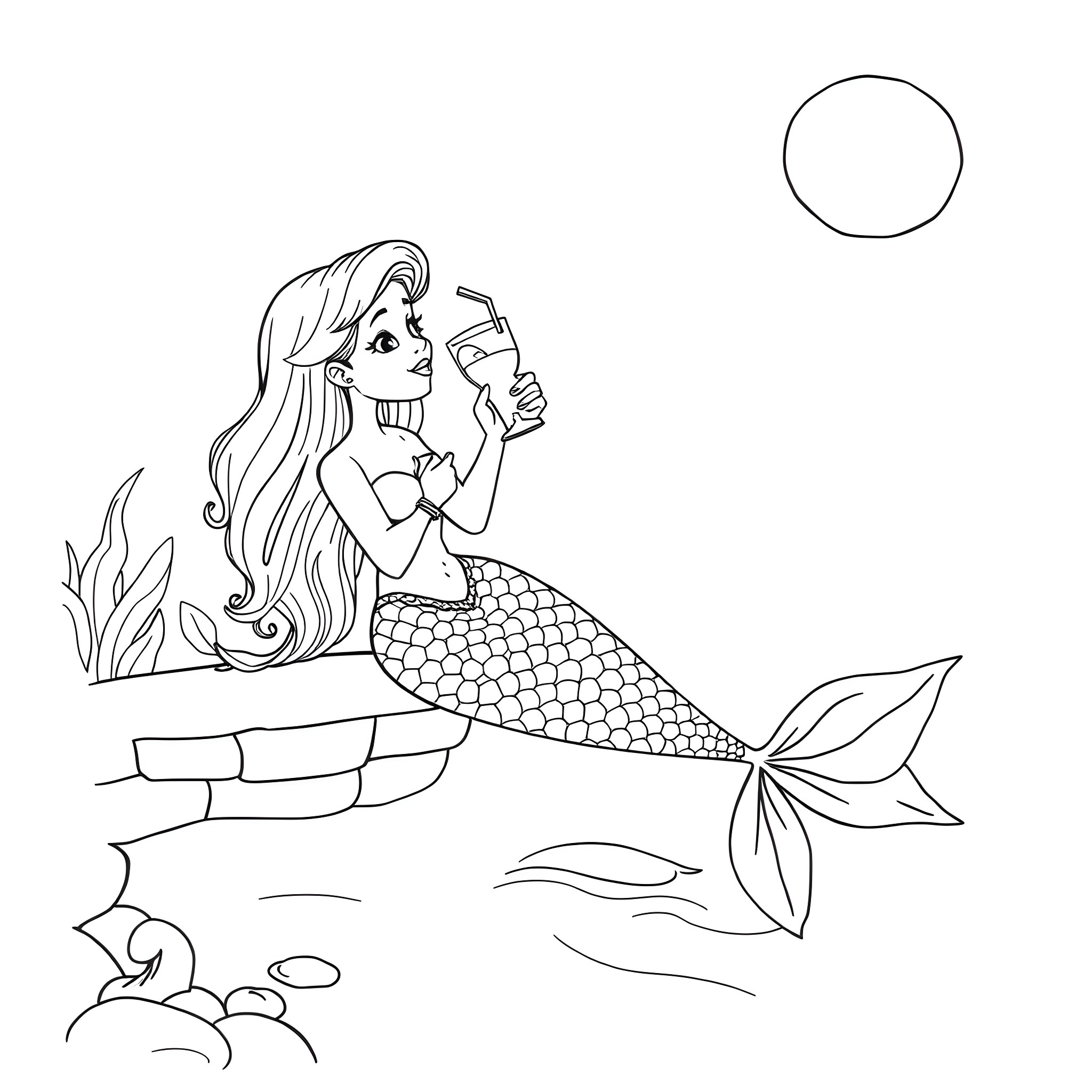 Mermaid gazing at the moon on a rocky shore Coloring Page (free black-and-white line drawing printable PDF for all, from beginners to advanced learners, including children, teens, adults, and seniors)
