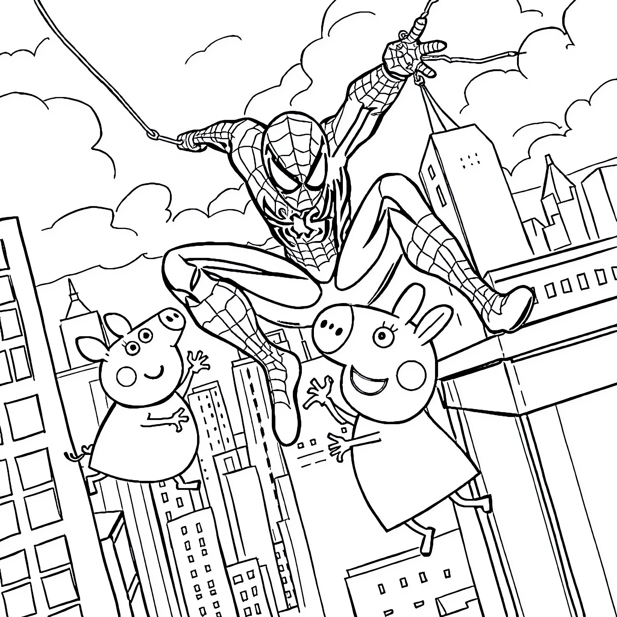 Spider-Man Swinging Through the City Alongside Cartoon Characters Coloring Page (free black-and-white line drawing printable PDF for all, from beginners to advanced learners, including children, teens, adults, and seniors)