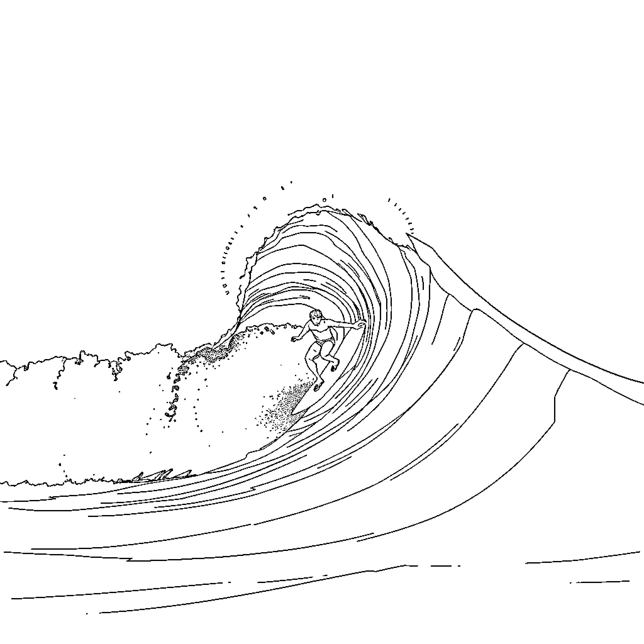 Surfing the massive crashing wave Coloring Page (free black-and-white line drawing printable PDF for all, from beginners to advanced learners, including children, teens, adults, and seniors)