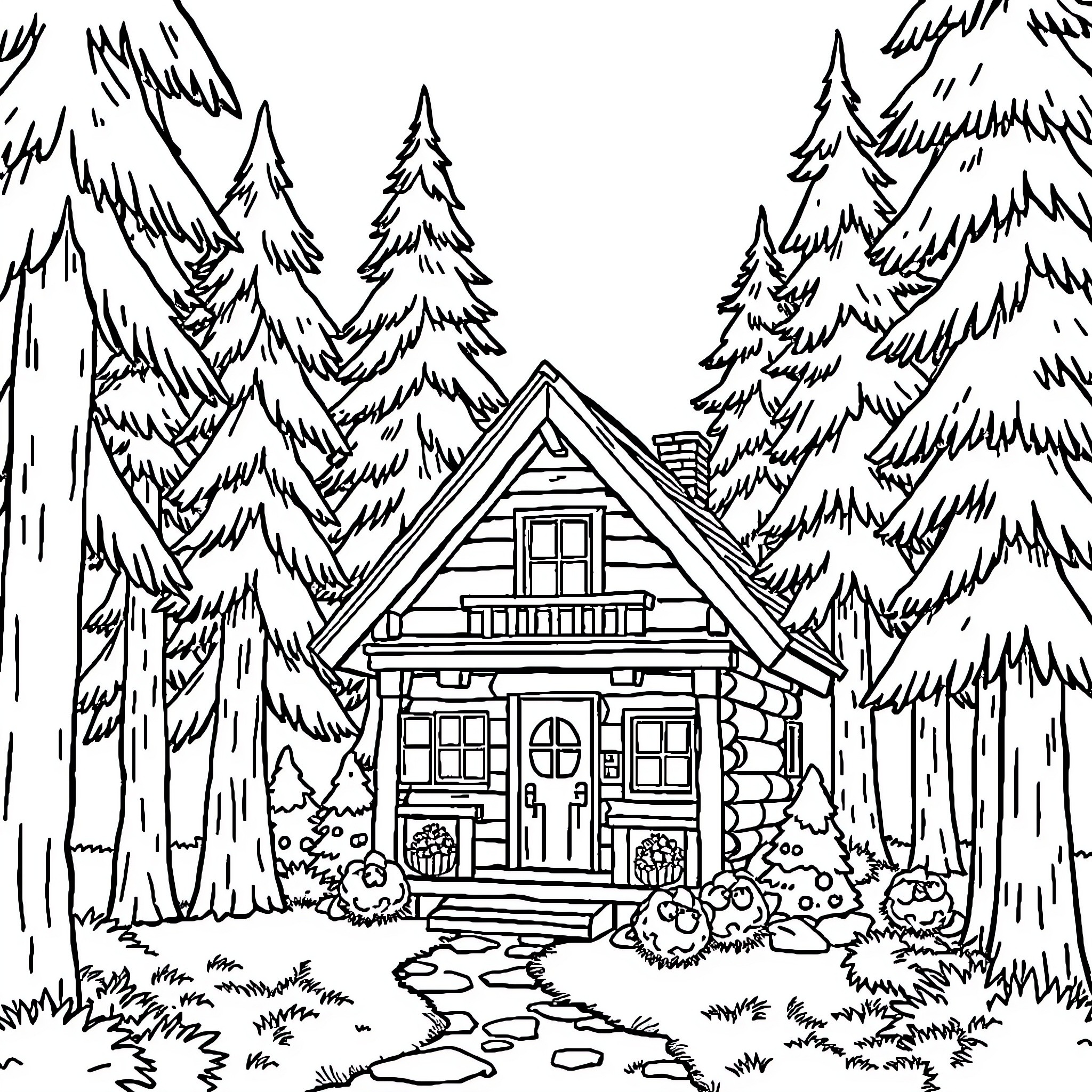 House in the Snowy Forest Coloring Page (free black-and-white line drawing printable PDF for all, from beginners to advanced learners, including children, teens, adults, and seniors)