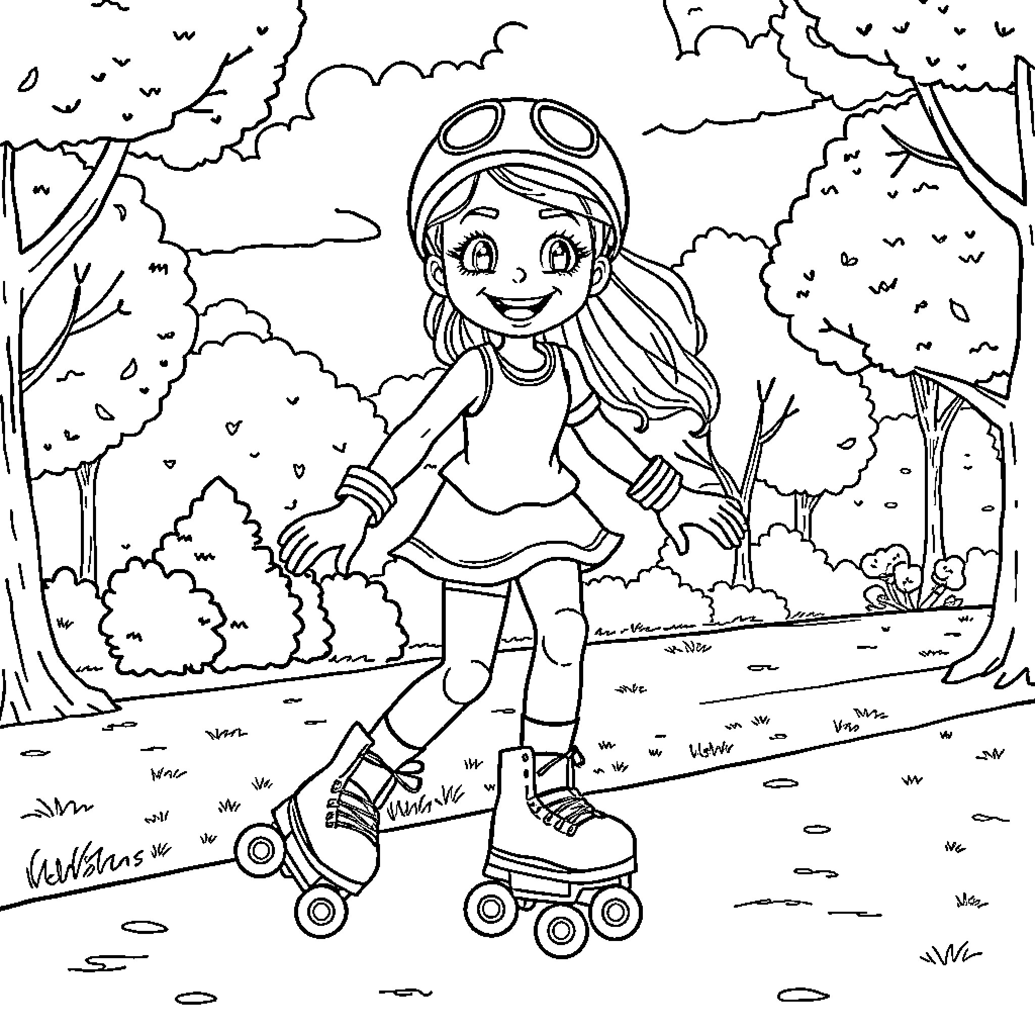 Bluey's Rollerblading Adventure in the Park Coloring Page (free black-and-white line drawing printable PDF for all, from beginners to advanced learners, including children, teens, adults, and seniors)