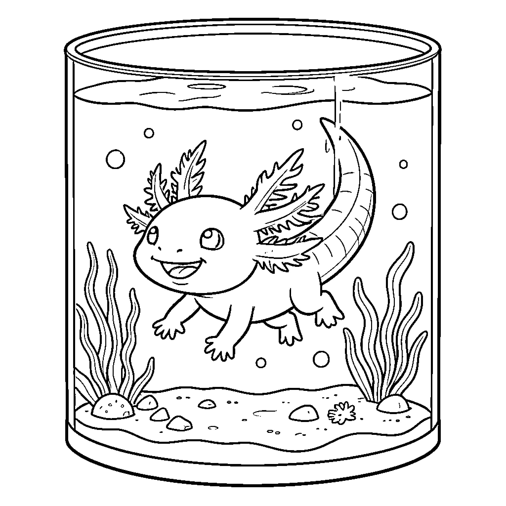 Axolotl swimming happily inside a glass tank Coloring Page (free black-and-white line drawing printable PDF for all, from beginners to advanced learners, including children, teens, adults, and seniors)