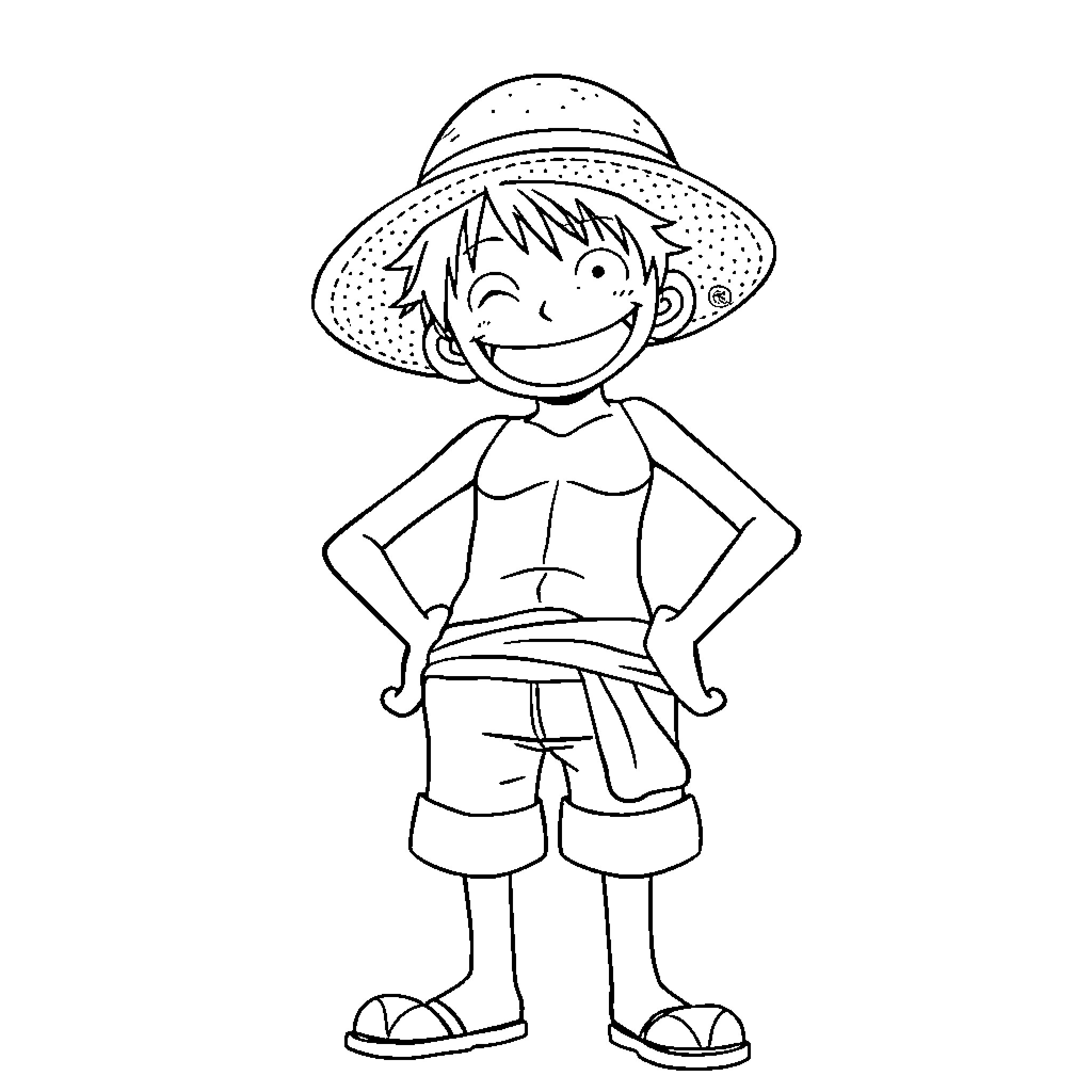 One Piece Character in Relaxed Pose Coloring Page (free black-and-white line drawing printable PDF for all, from beginners to advanced learners, including children, teens, adults, and seniors)