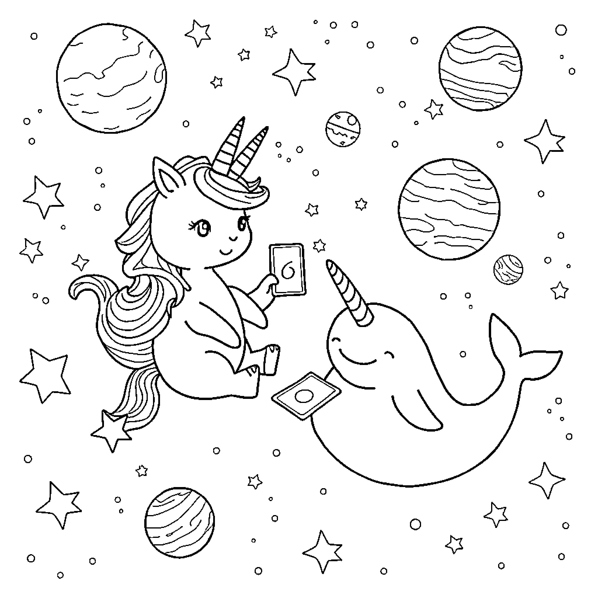 Caticorn playing with narwhals in the celestial realm Coloring Page (free black-and-white line drawing printable PDF for all, from beginners to advanced learners, including children, teens, adults, and seniors)