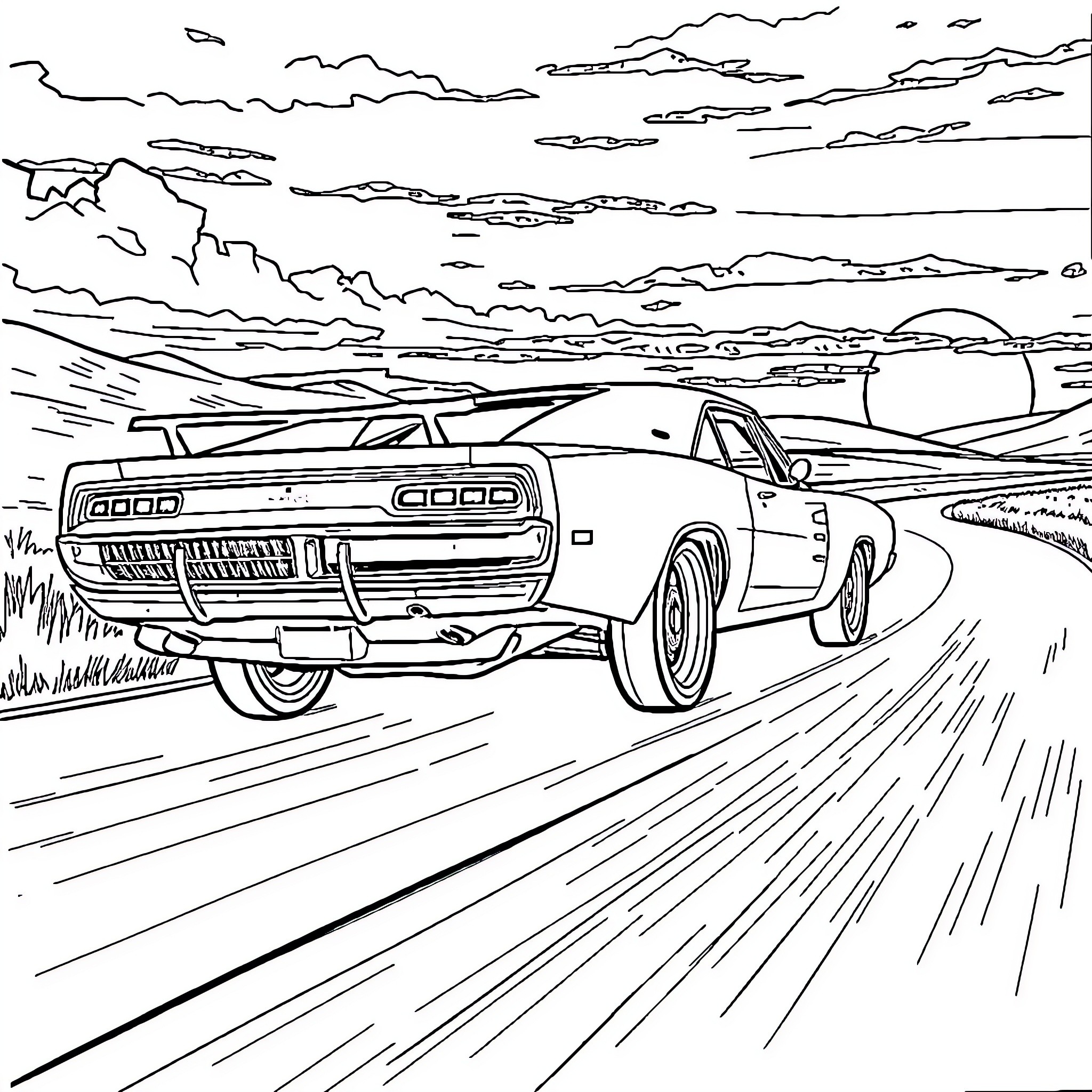 Dodge Charger Racing Through the Open Road Coloring Page (free black-and-white line drawing printable PDF for all, from beginners to advanced learners, including children, teens, adults, and seniors)