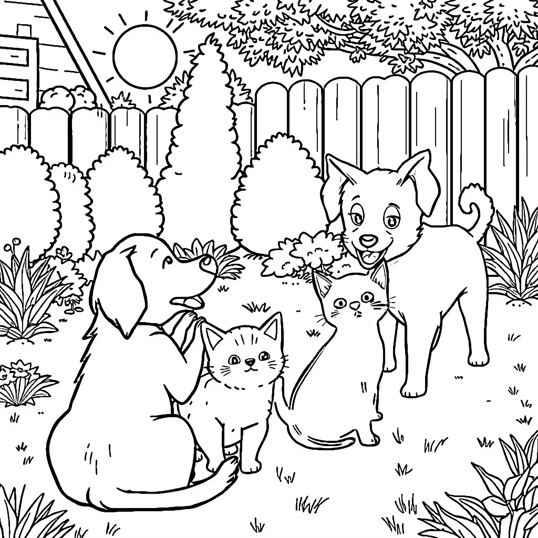 Dog and Cat playing in the backyard Coloring Page (free black-and-white line drawing printable PDF for all, from beginners to advanced learners, including children, teens, adults, and seniors)