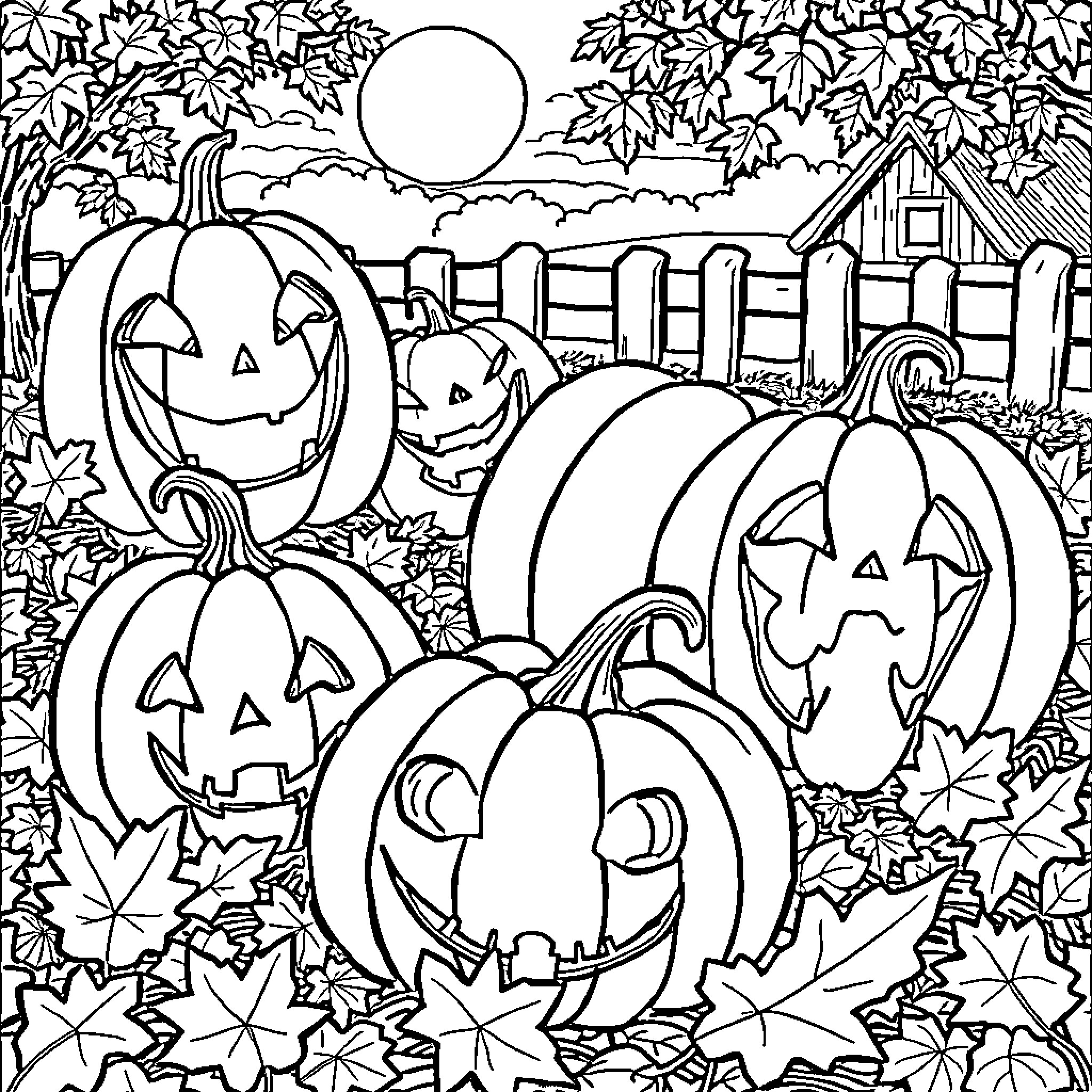 Pumpkins glowing in the autumn night Coloring Page (free black-and-white line drawing printable PDF for all, from beginners to advanced learners, including children, teens, adults, and seniors)