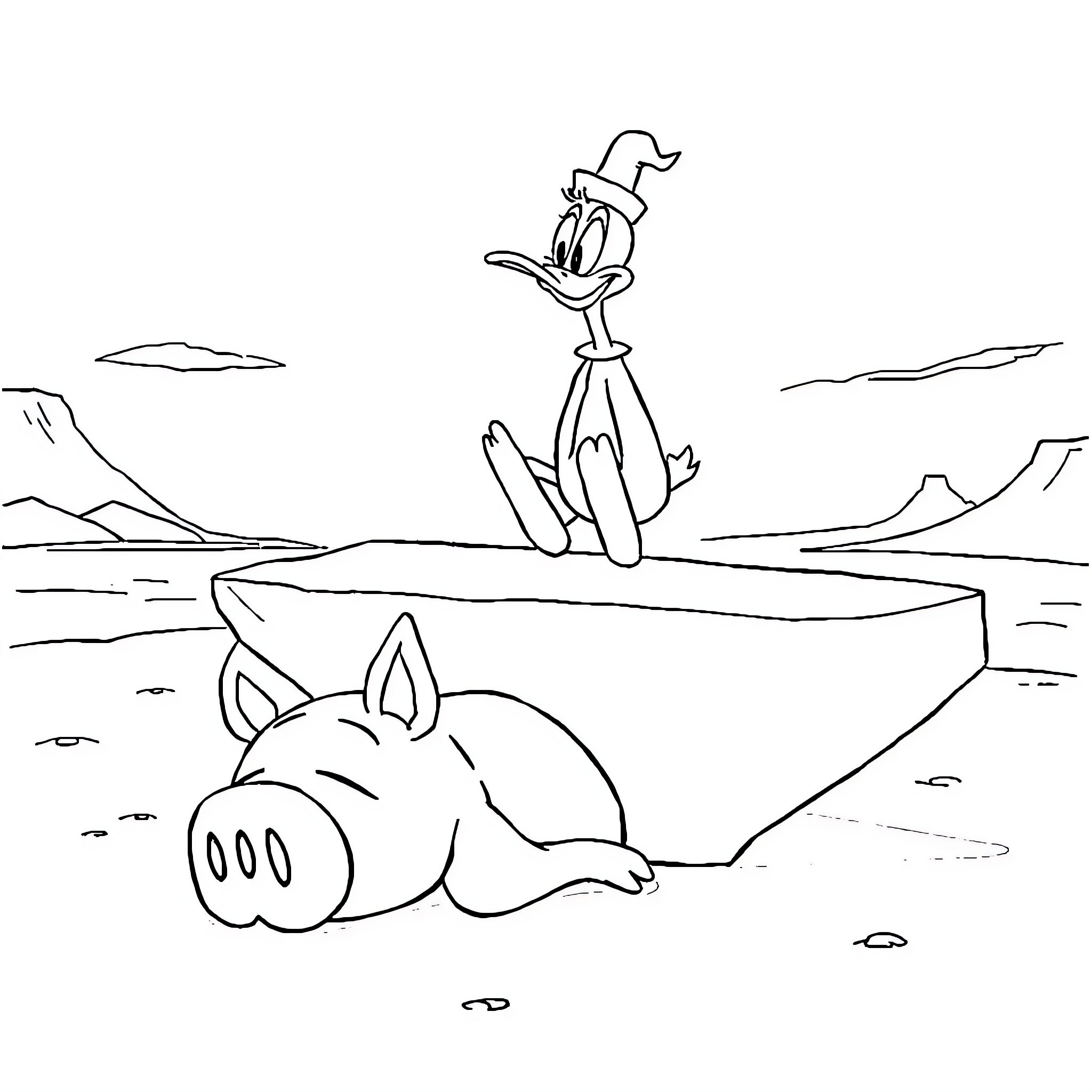 Porky Pig lounging while Daffy Duck stands nearby Coloring Page (free black-and-white line drawing printable PDF for all, from beginners to advanced learners, including children, teens, adults, and seniors)