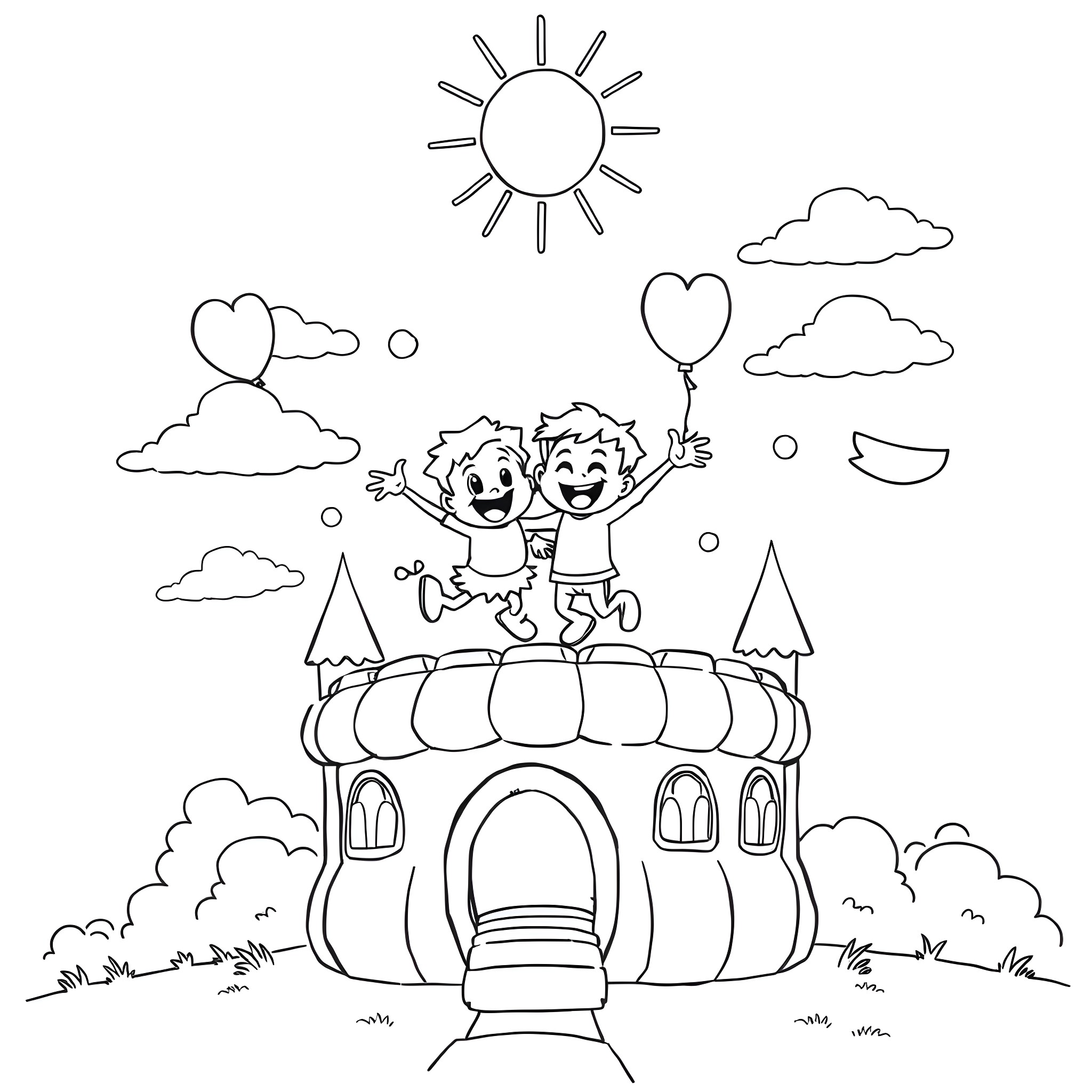 Bluey's Playful Adventure at the Bouncy Castle Coloring Page (free black-and-white line drawing printable PDF for all, from beginners to advanced learners, including children, teens, adults, and seniors)