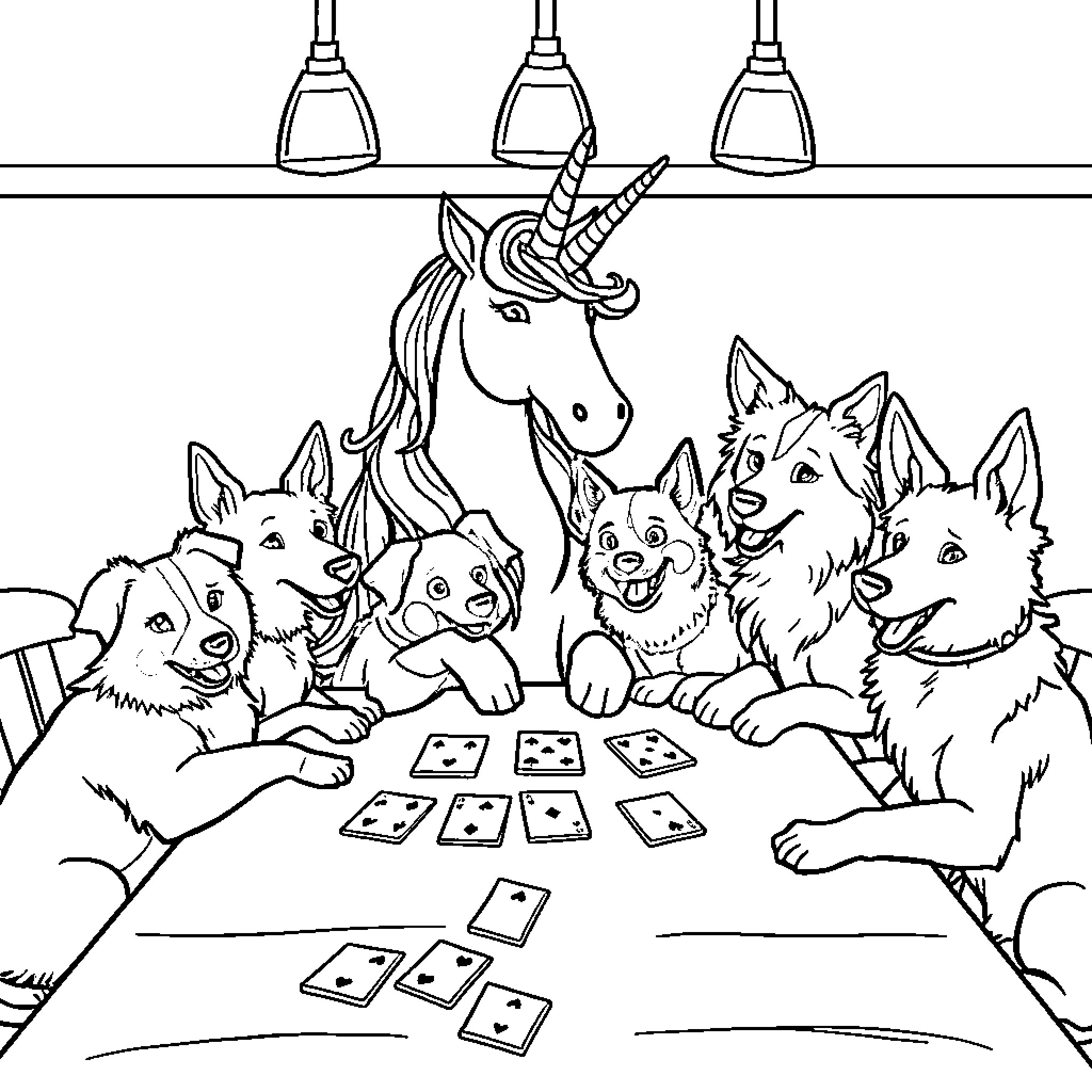 Unicorn Playing Cards with Excited Dogs Coloring Page (free black-and-white line drawing printable PDF for all, from beginners to advanced learners, including children, teens, adults, and seniors)