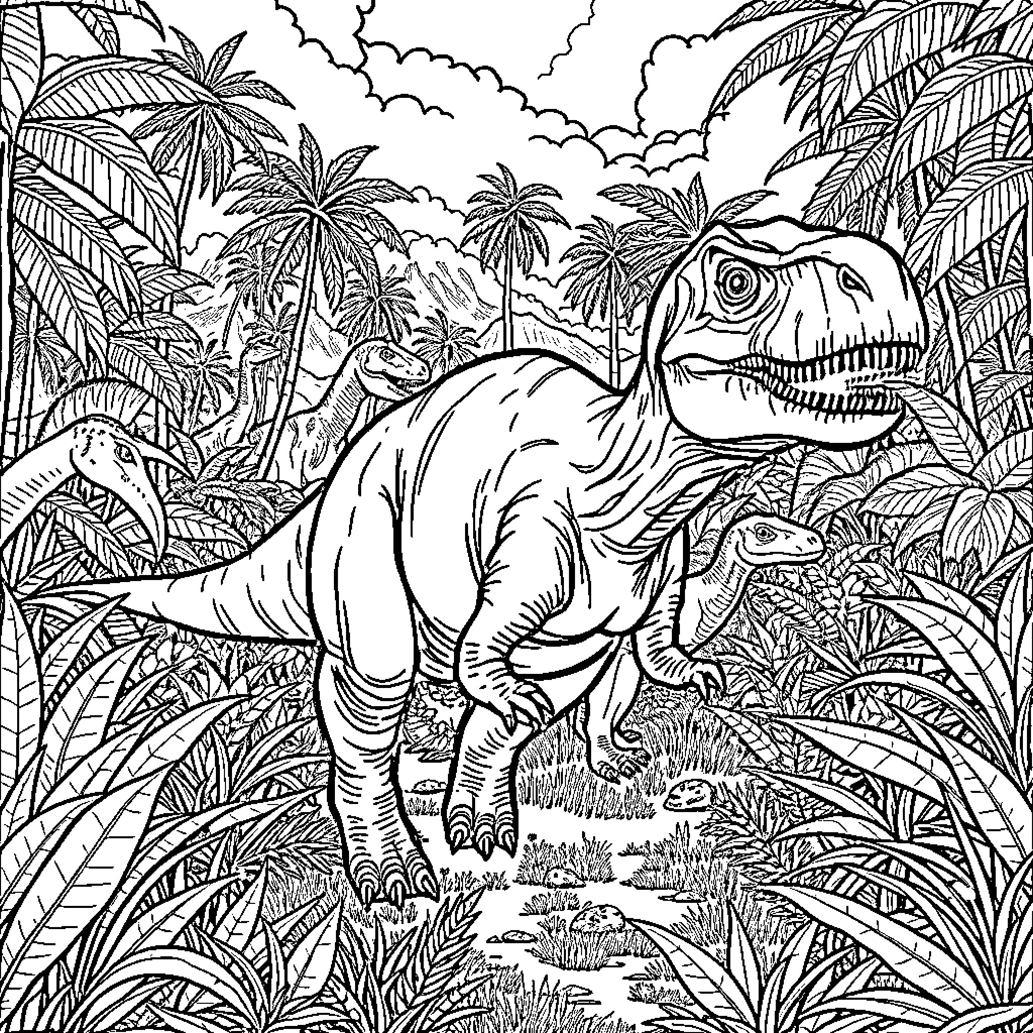Dinosaur Roaming in Lush Jungle Landscape Coloring Page (free black-and-white line drawing printable PDF for all, from beginners to advanced learners, including children, teens, adults, and seniors)
