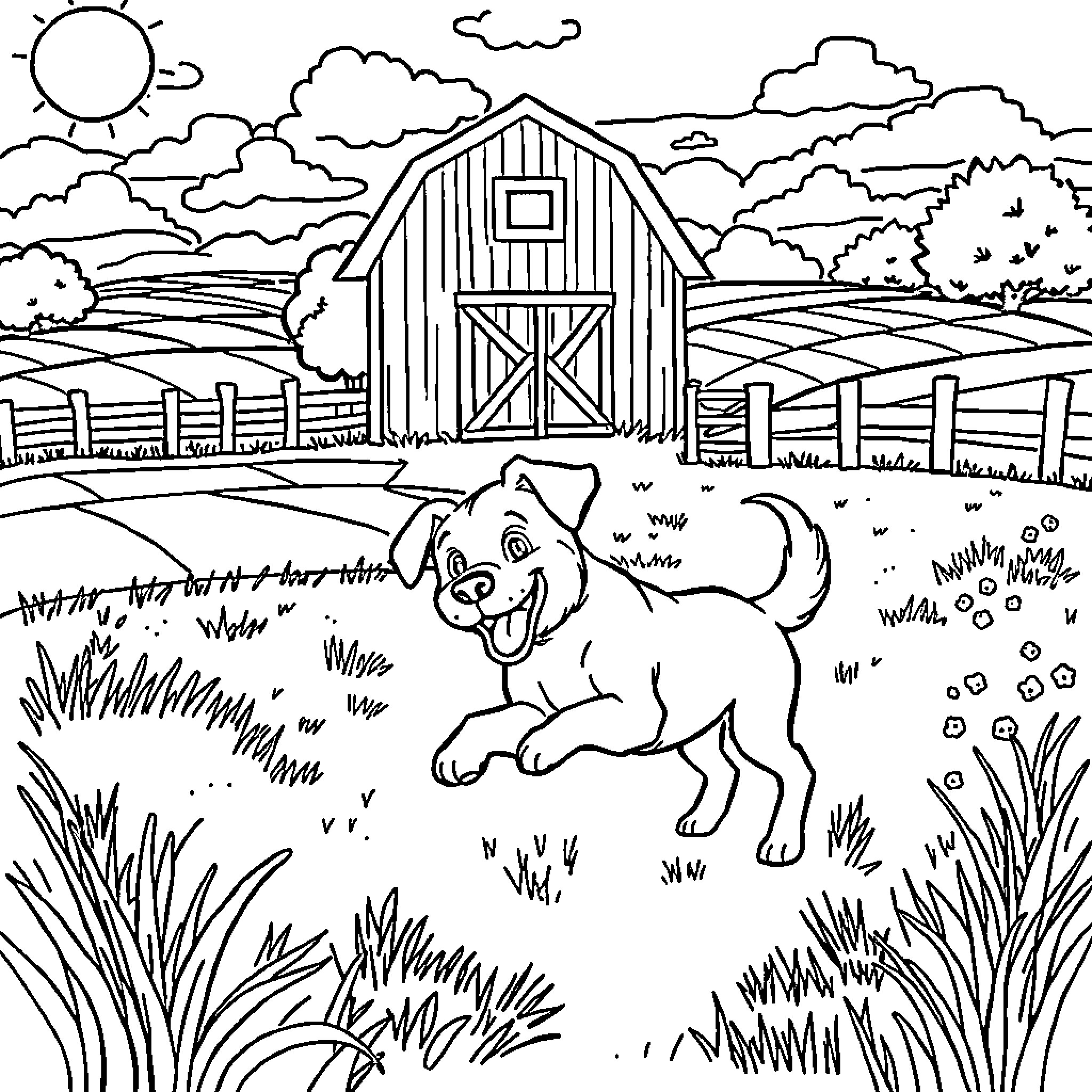 Dog playing in the countryside near a barn Coloring Page (free black-and-white line drawing printable PDF for all, from beginners to advanced learners, including children, teens, adults, and seniors)