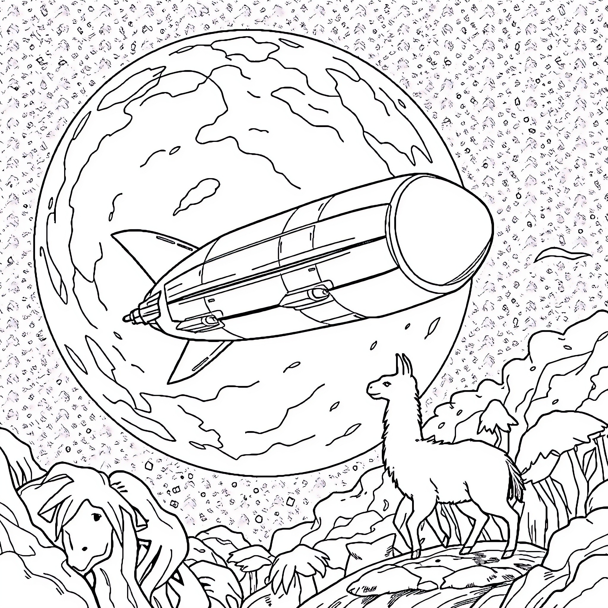 Tire-shaped spaceship exploring alien landscape Coloring Page (free black-and-white line drawing printable PDF for all, from beginners to advanced learners, including children, teens, adults, and seniors)