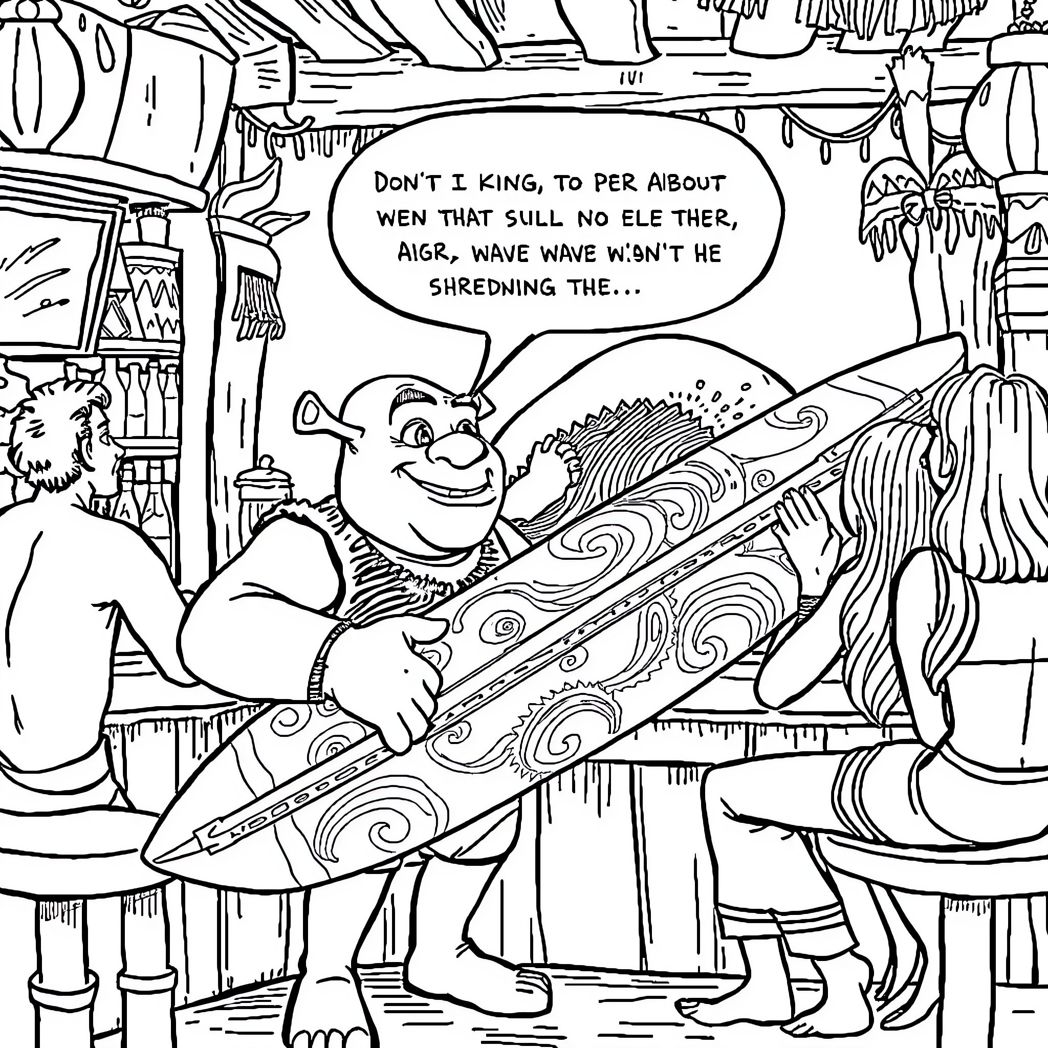 Shrek's Hilarious Conversation in the Enchanted Forest Coloring Page (free black-and-white line drawing printable PDF for all, from beginners to advanced learners, including children, teens, adults, and seniors)