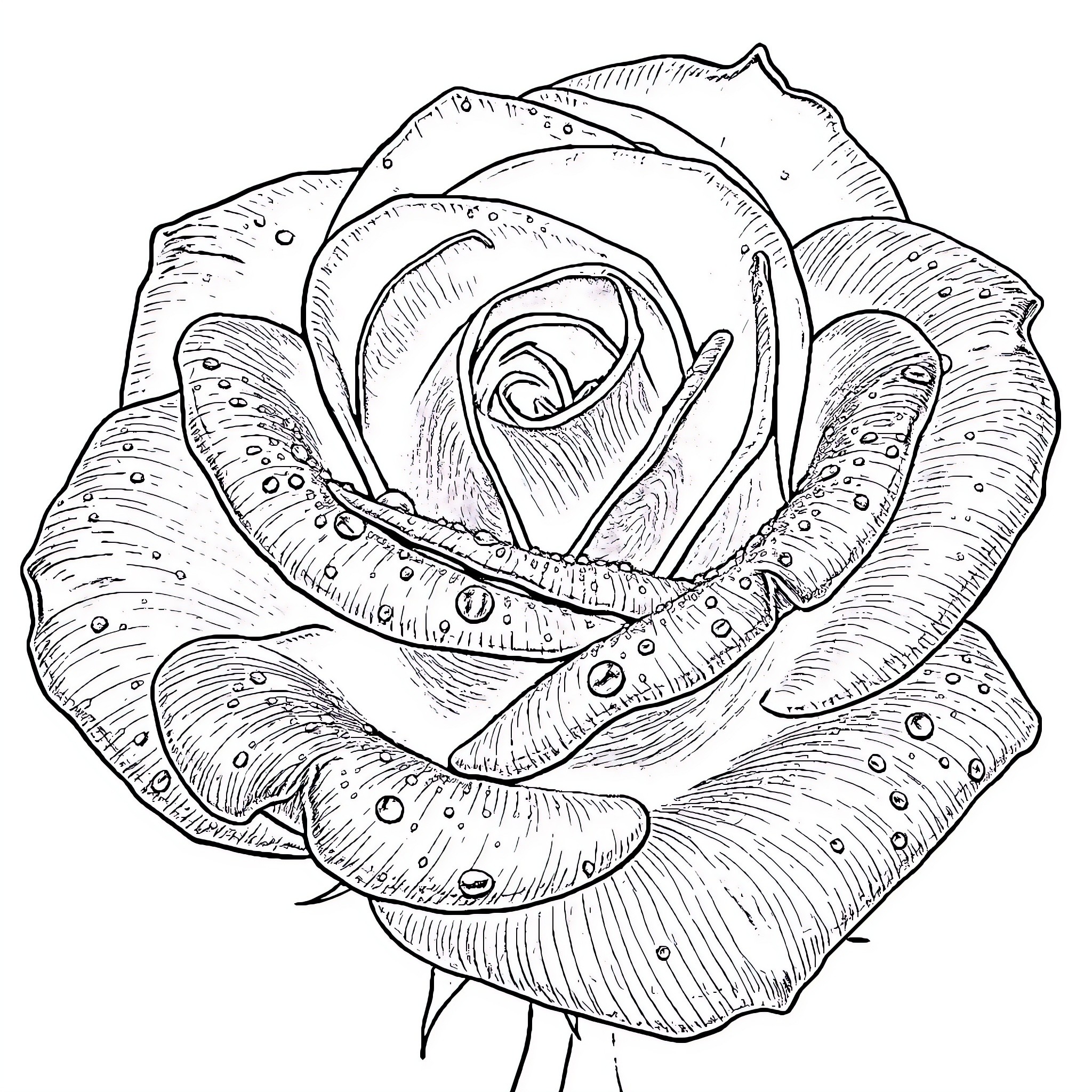Rose in Bloom with Detailed Petals Coloring Page (free black-and-white line drawing printable PDF for all, from beginners to advanced learners, including children, teens, adults, and seniors)