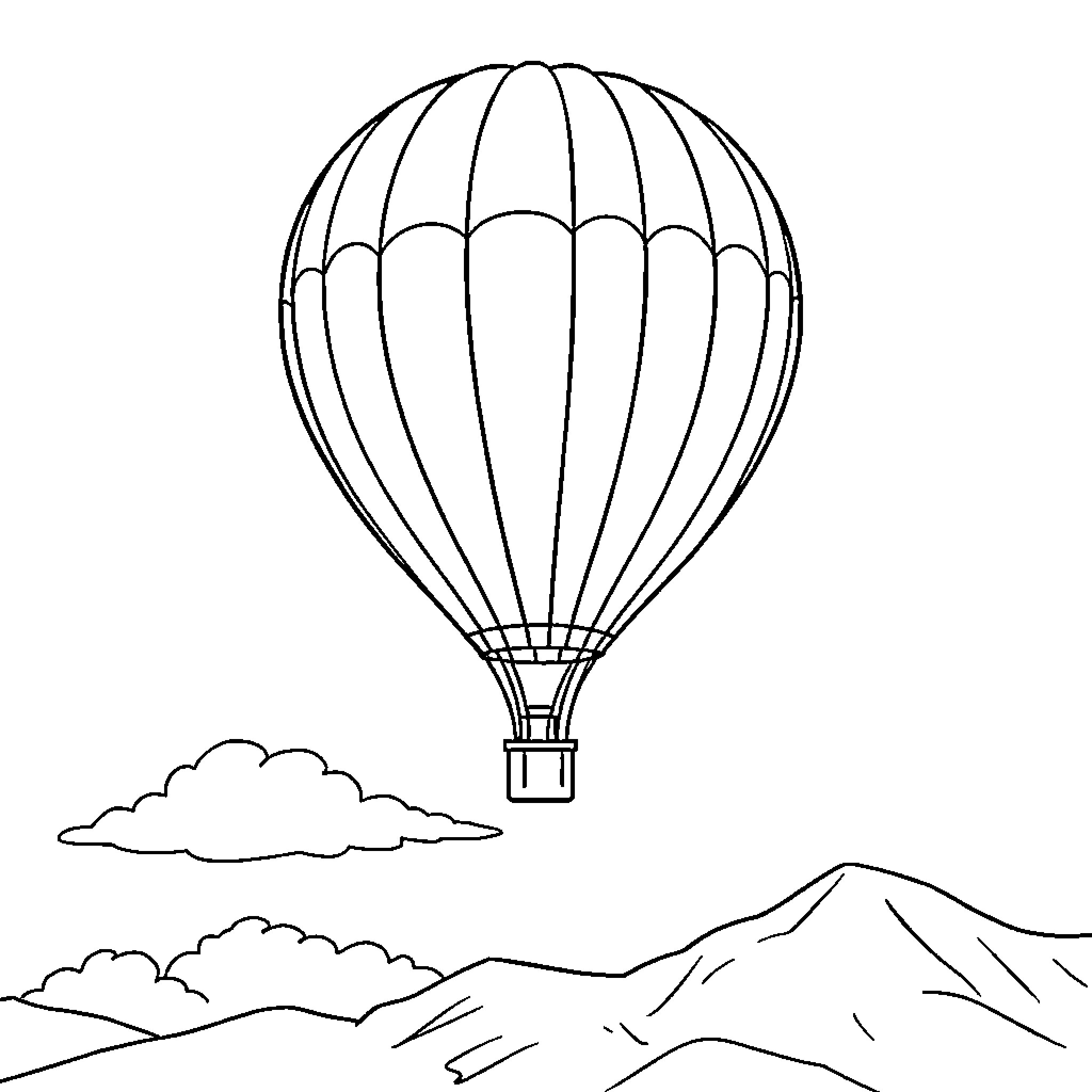 Balloon soaring over mountainous landscape Coloring Page (free black-and-white line drawing printable PDF for all, from beginners to advanced learners, including children, teens, adults, and seniors)