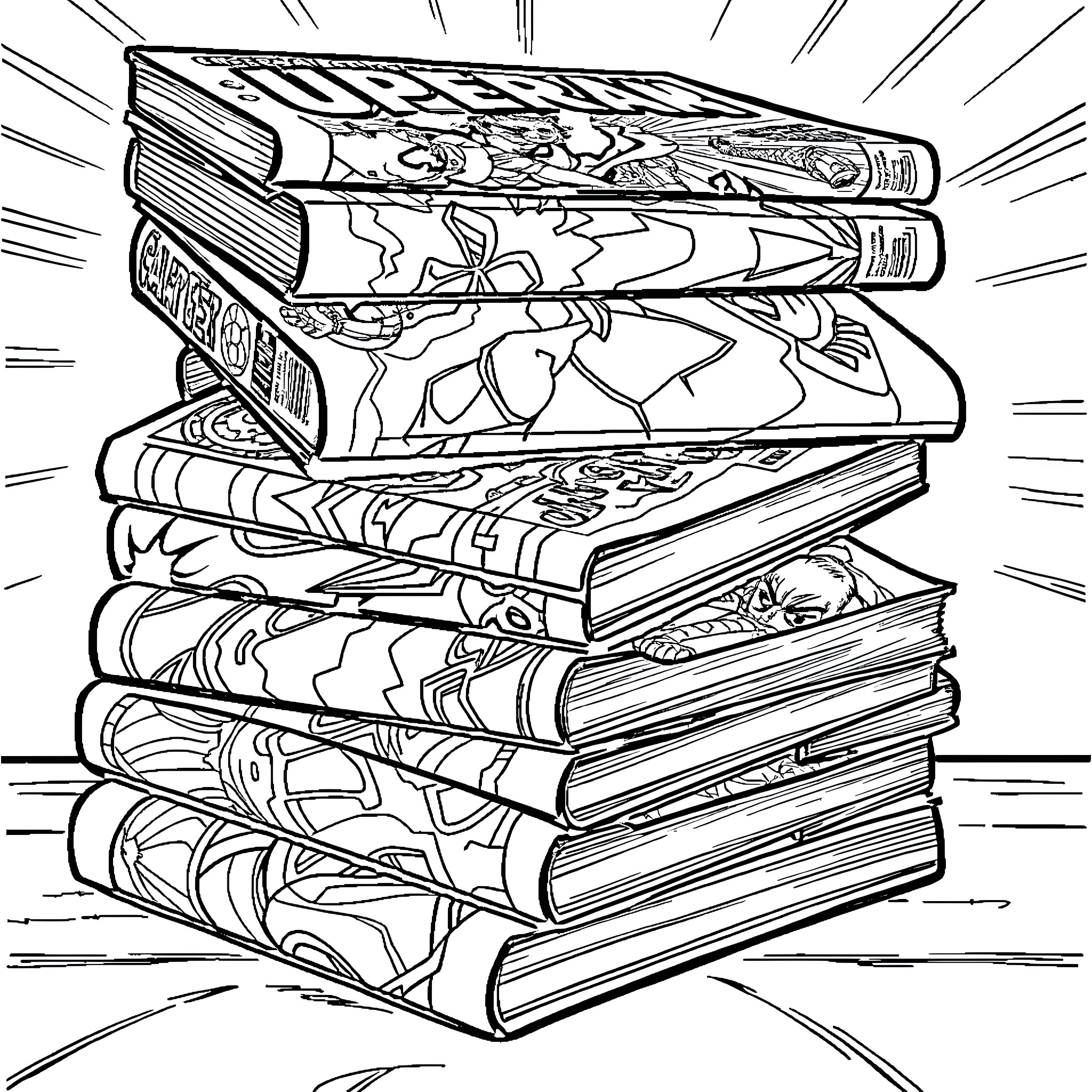 Superhero Books Stacked with Illustrated Covers Coloring Page (free black-and-white line drawing printable PDF for all, from beginners to advanced learners, including children, teens, adults, and seniors)