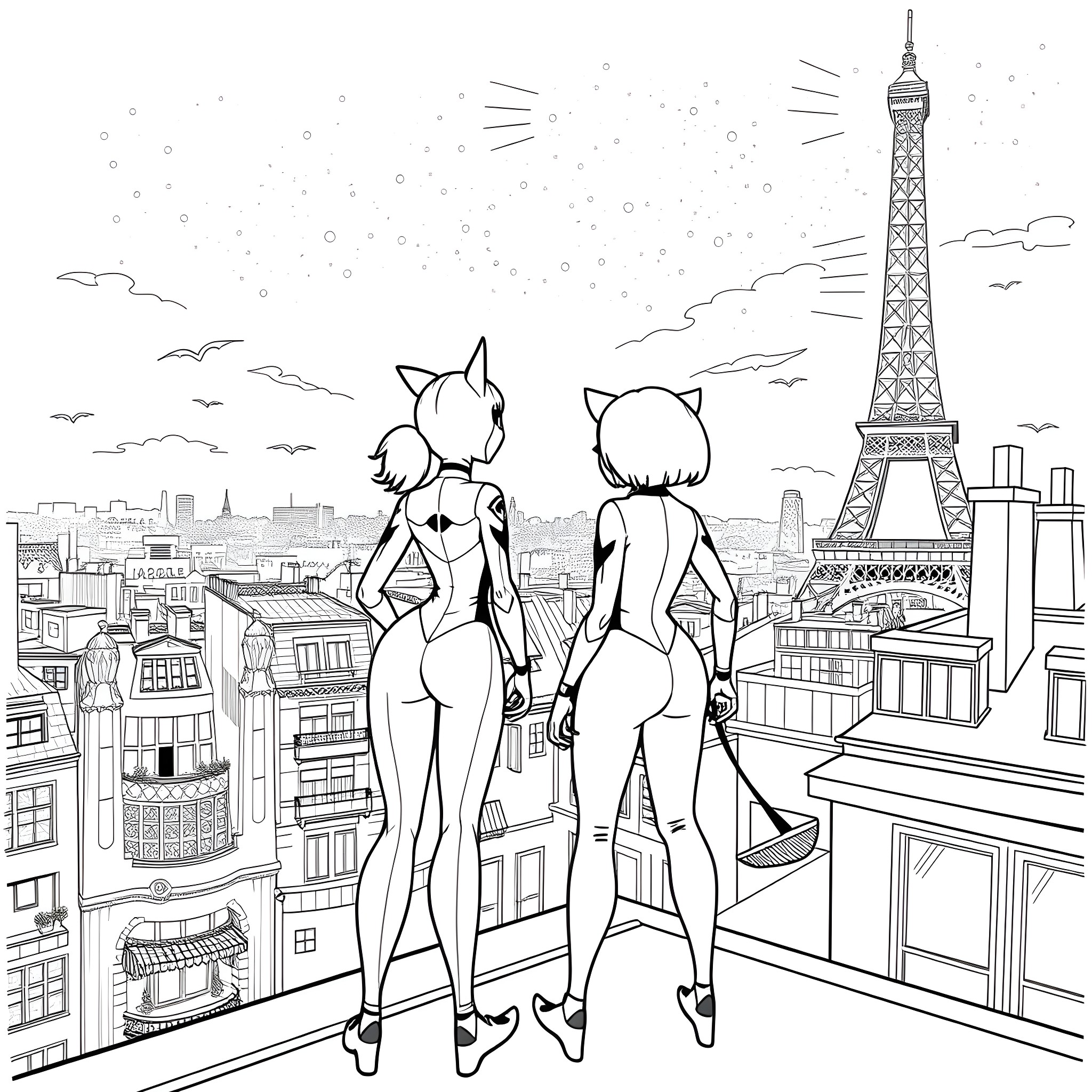 Ladybug Duo Enjoying the Parisian Skyline Coloring Page (free black-and-white line drawing printable PDF for all, from beginners to advanced learners, including children, teens, adults, and seniors)