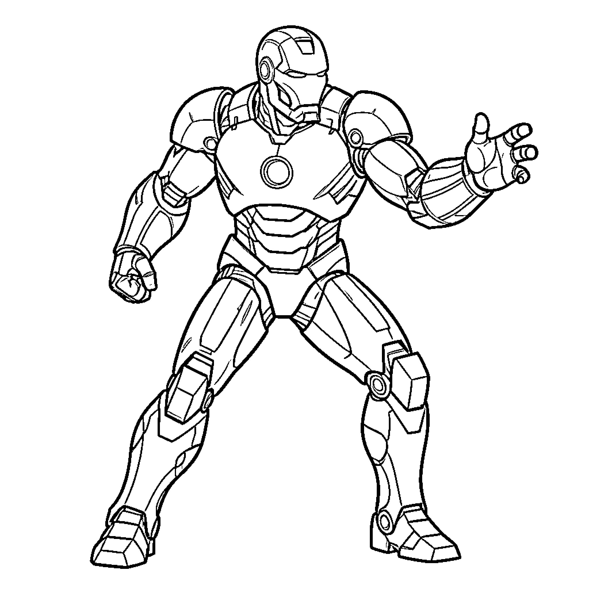 Ironman in action-packed pose Coloring Page (free black-and-white line drawing printable PDF for all, from beginners to advanced learners, including children, teens, adults, and seniors)