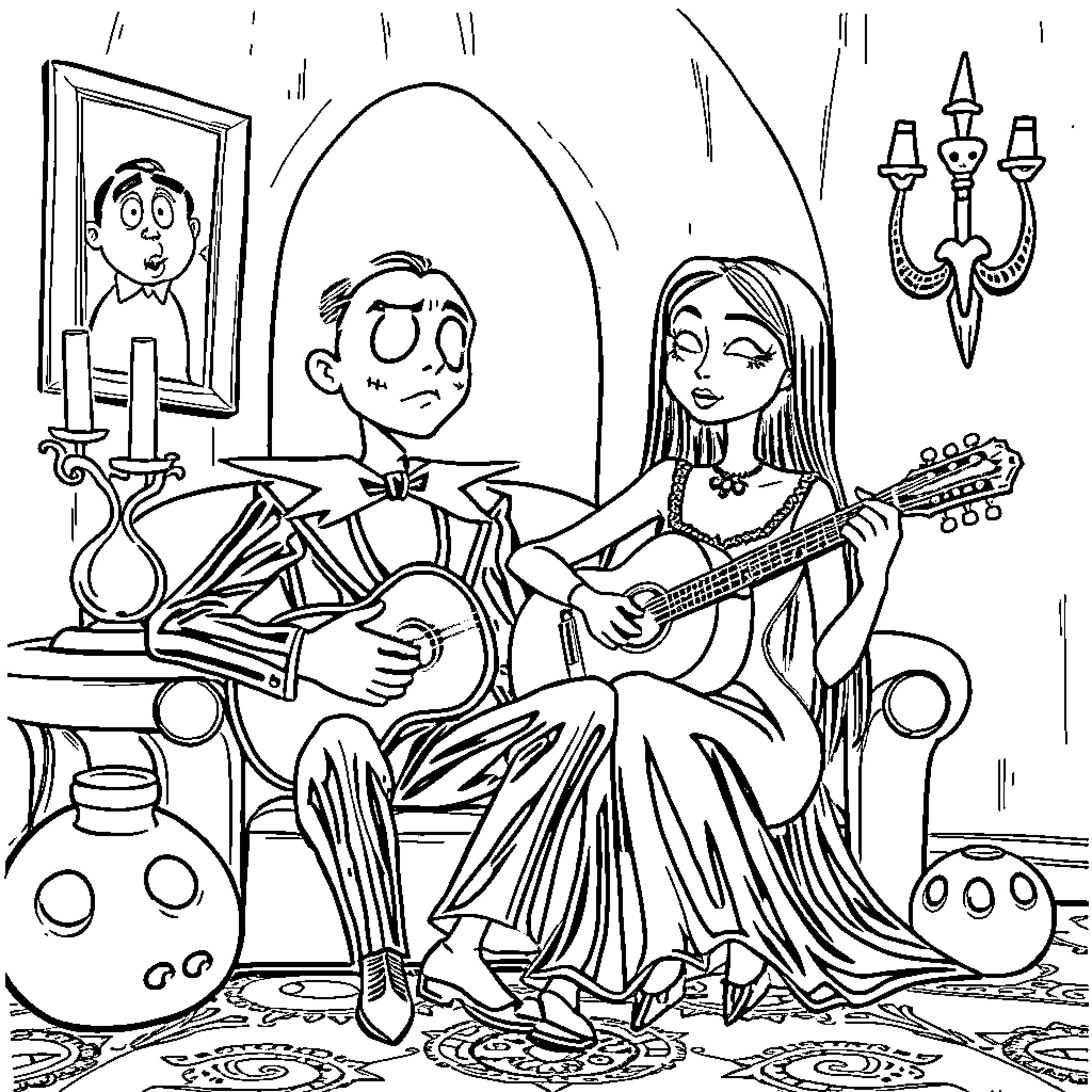 Wednesday's Musical Interlude Coloring Page (free black-and-white line drawing printable PDF for all, from beginners to advanced learners, including children, teens, adults, and seniors)
