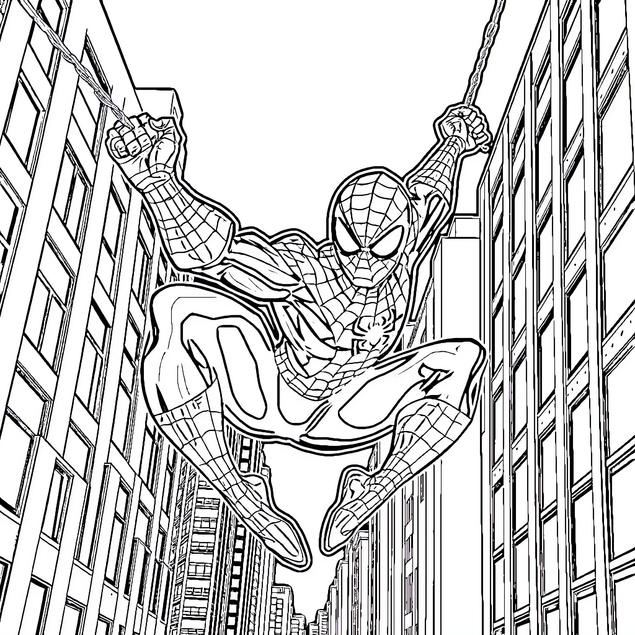 Spider-Man swinging through the city skyline Coloring Page (free black-and-white line drawing printable PDF for all, from beginners to advanced learners, including children, teens, adults, and seniors)