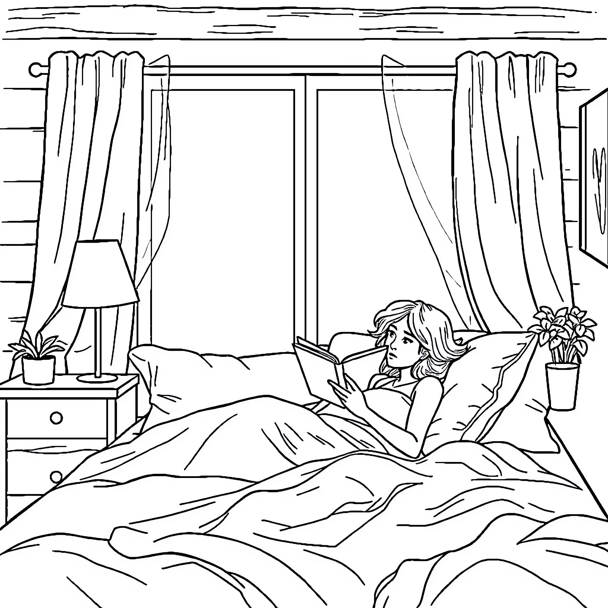 Woman relaxing and reading in her bedroom Coloring Page (free black-and-white line drawing printable PDF for all, from beginners to advanced learners, including children, teens, adults, and seniors)