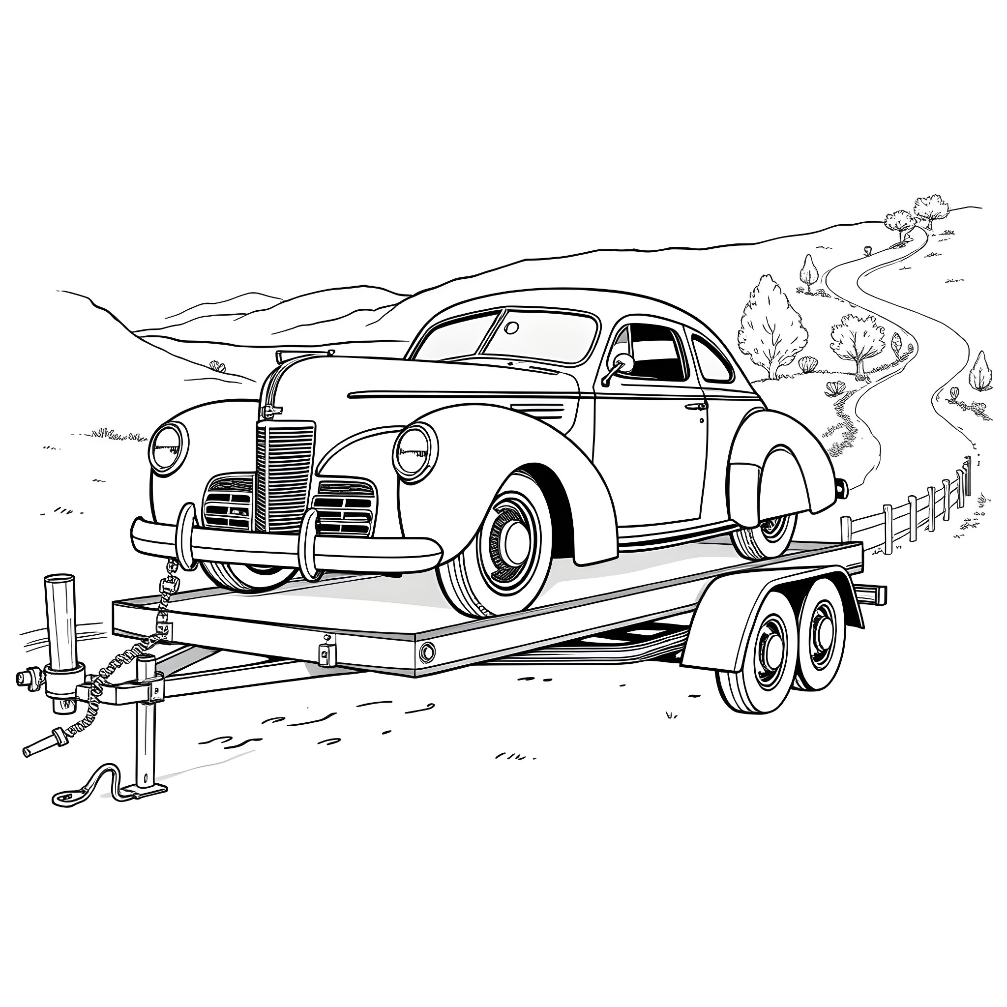 Car being transported on trailer in scenic countryside Coloring Page (free black-and-white line drawing printable PDF for all, from beginners to advanced learners, including children, teens, adults, and seniors)
