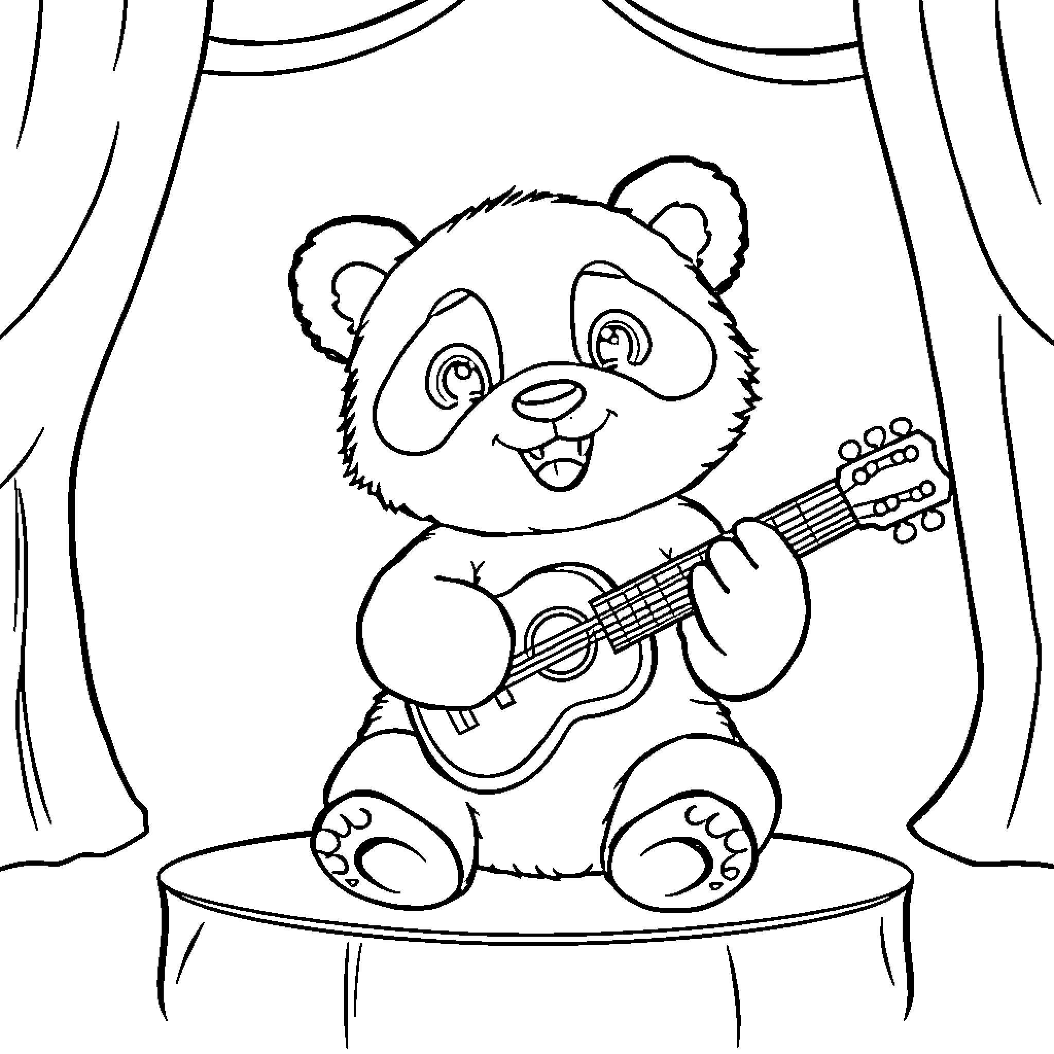 Panda musician playing guitar on stage Coloring Page (free black-and-white line drawing printable PDF for all, from beginners to advanced learners, including children, teens, adults, and seniors)