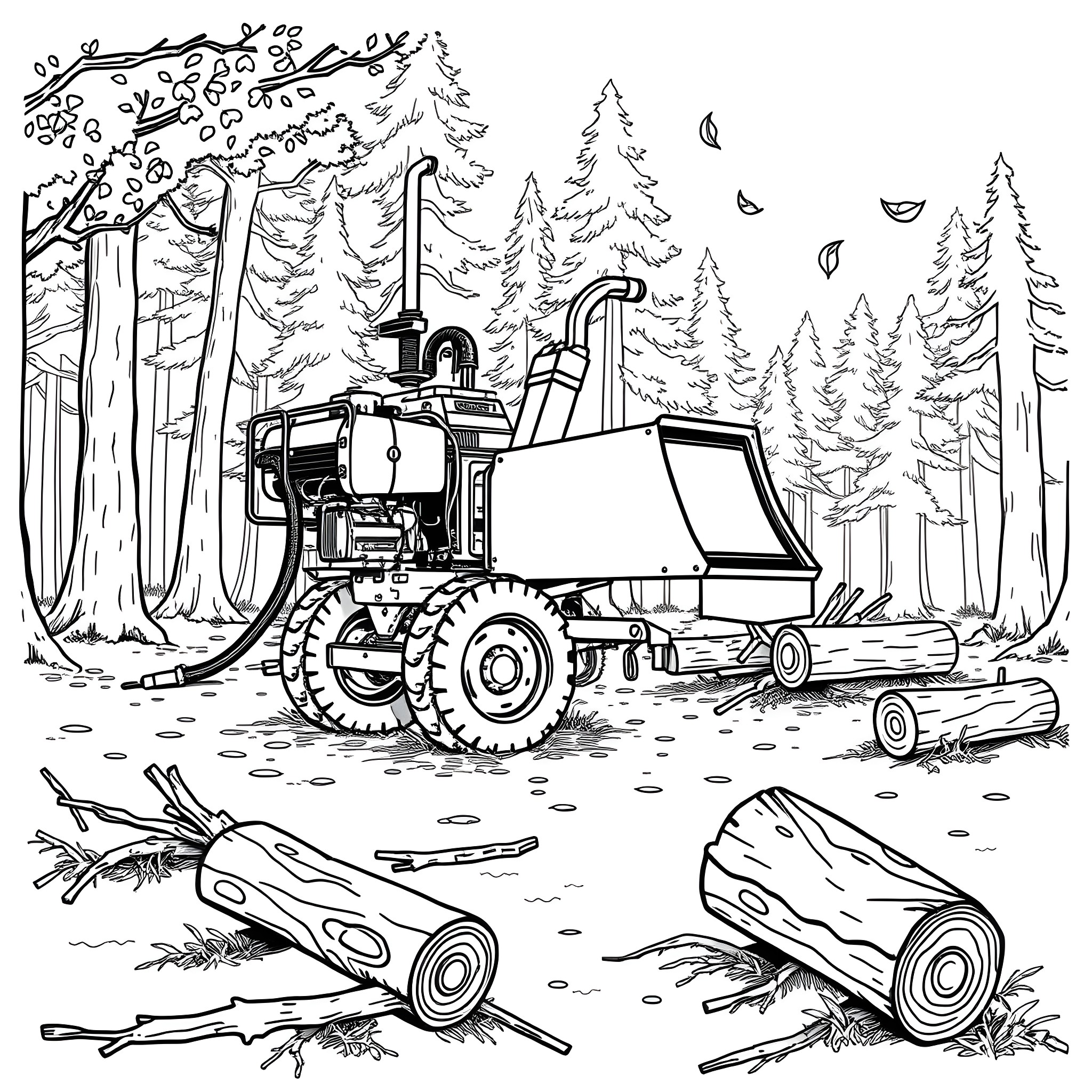 Wood Chipper Machinery Logging in Forest Wilderness Coloring Page (free black-and-white line drawing printable PDF for all, from beginners to advanced learners, including children, teens, adults, and seniors)