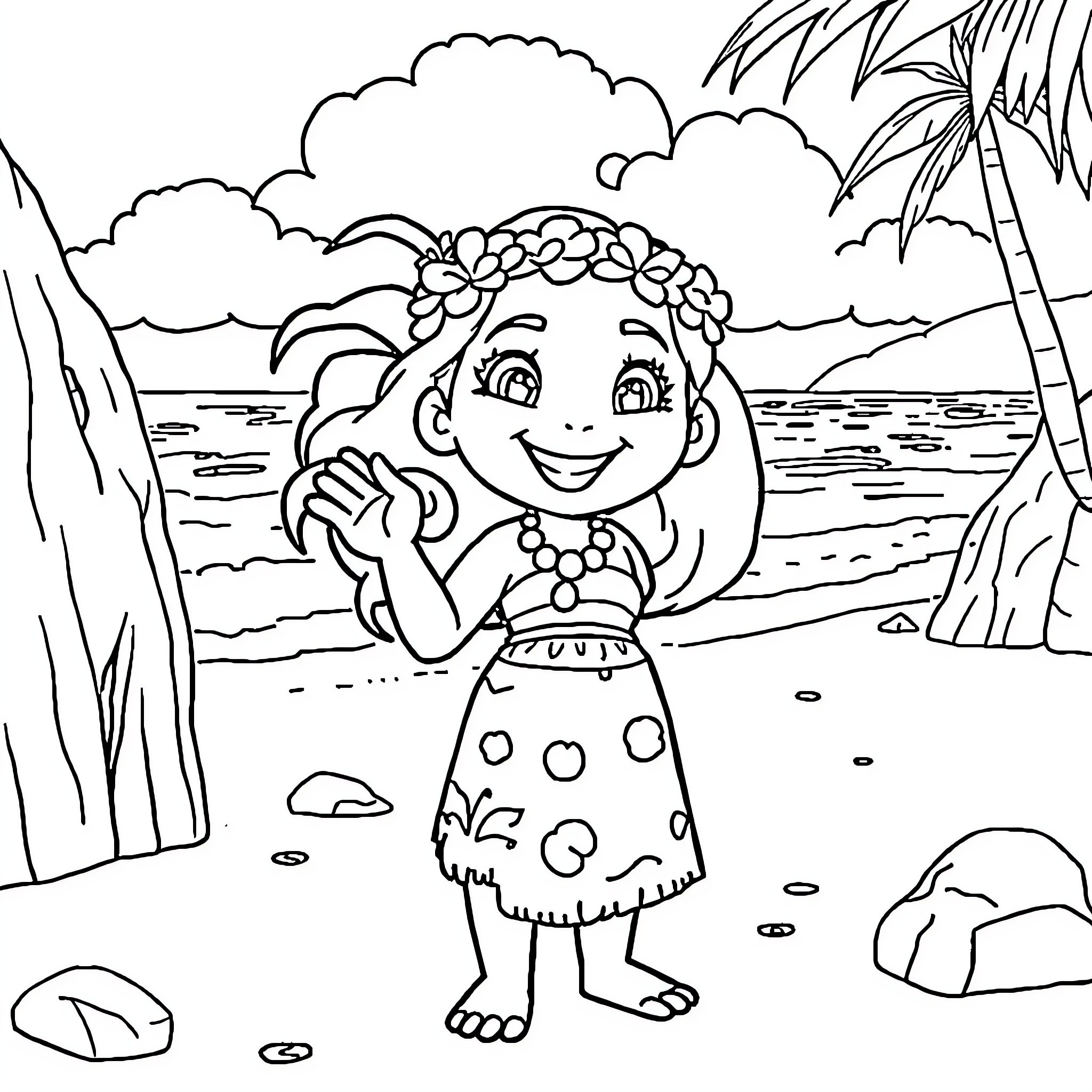 Moana Exploring the Beachside Paradise Coloring Page (free black-and-white line drawing printable PDF for all, from beginners to advanced learners, including children, teens, adults, and seniors)