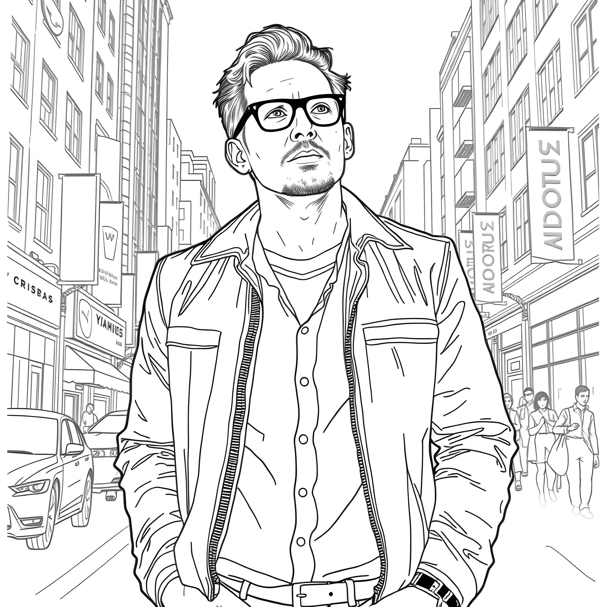 Christian Slater walking confidently through the city streets Coloring Page (free black-and-white line drawing printable PDF for all, from beginners to advanced learners, including children, teens, adults, and seniors)