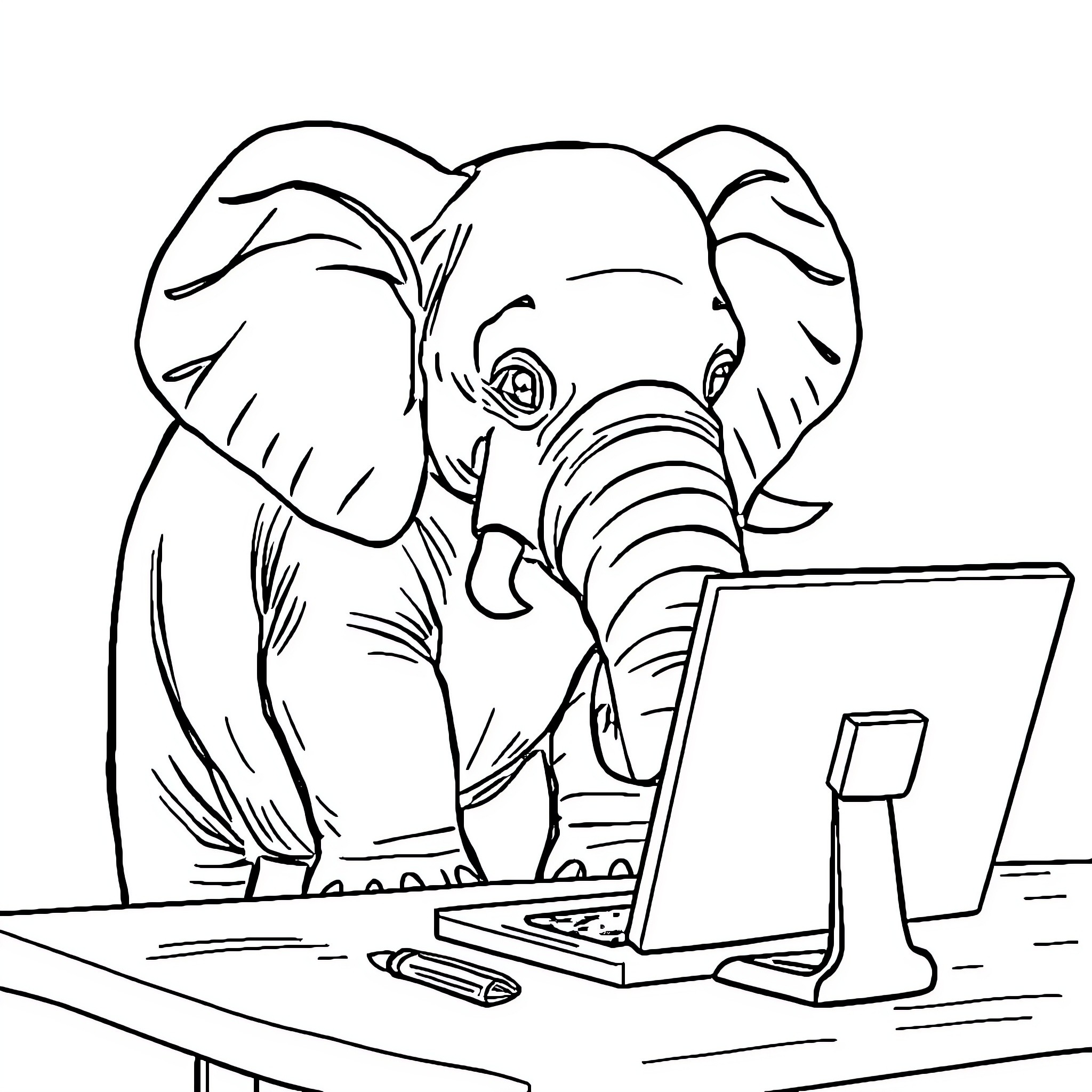 Elephant working diligently on computer Coloring Page (free black-and-white line drawing printable PDF for all, from beginners to advanced learners, including children, teens, adults, and seniors)