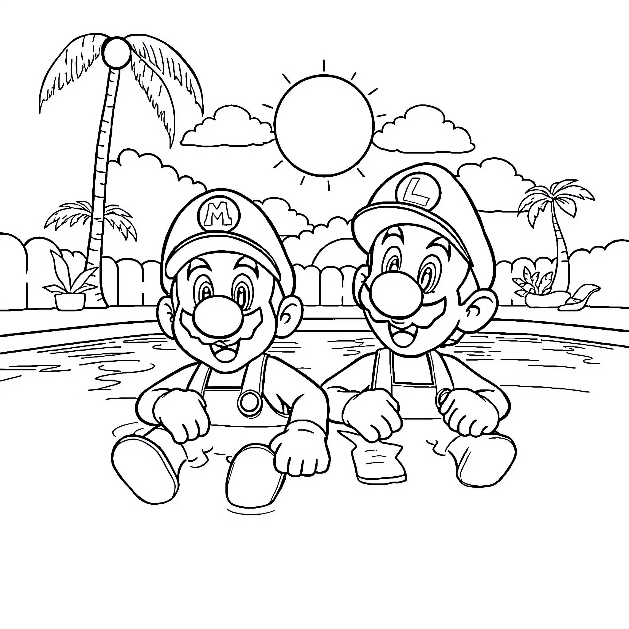 Mario and Luigi enjoying the tropical landscape Coloring Page (free black-and-white line drawing printable PDF for all, from beginners to advanced learners, including children, teens, adults, and seniors)