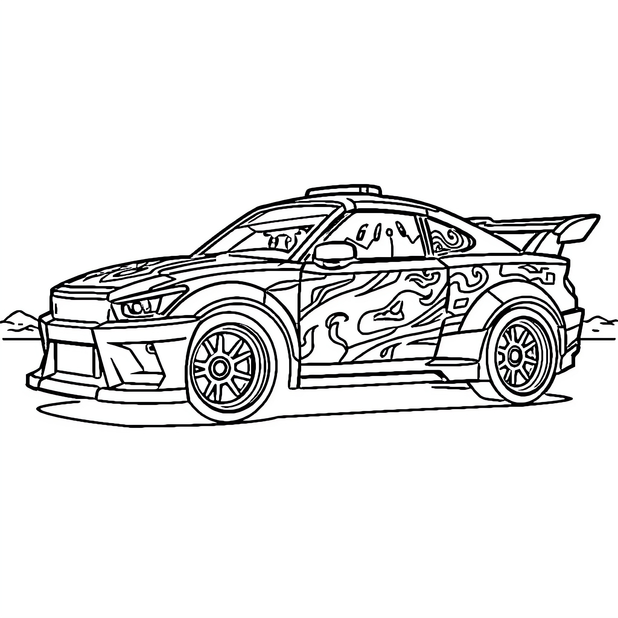 Ninjago Car in Action Coloring Page (free black-and-white line drawing printable PDF for all, from beginners to advanced learners, including children, teens, adults, and seniors)