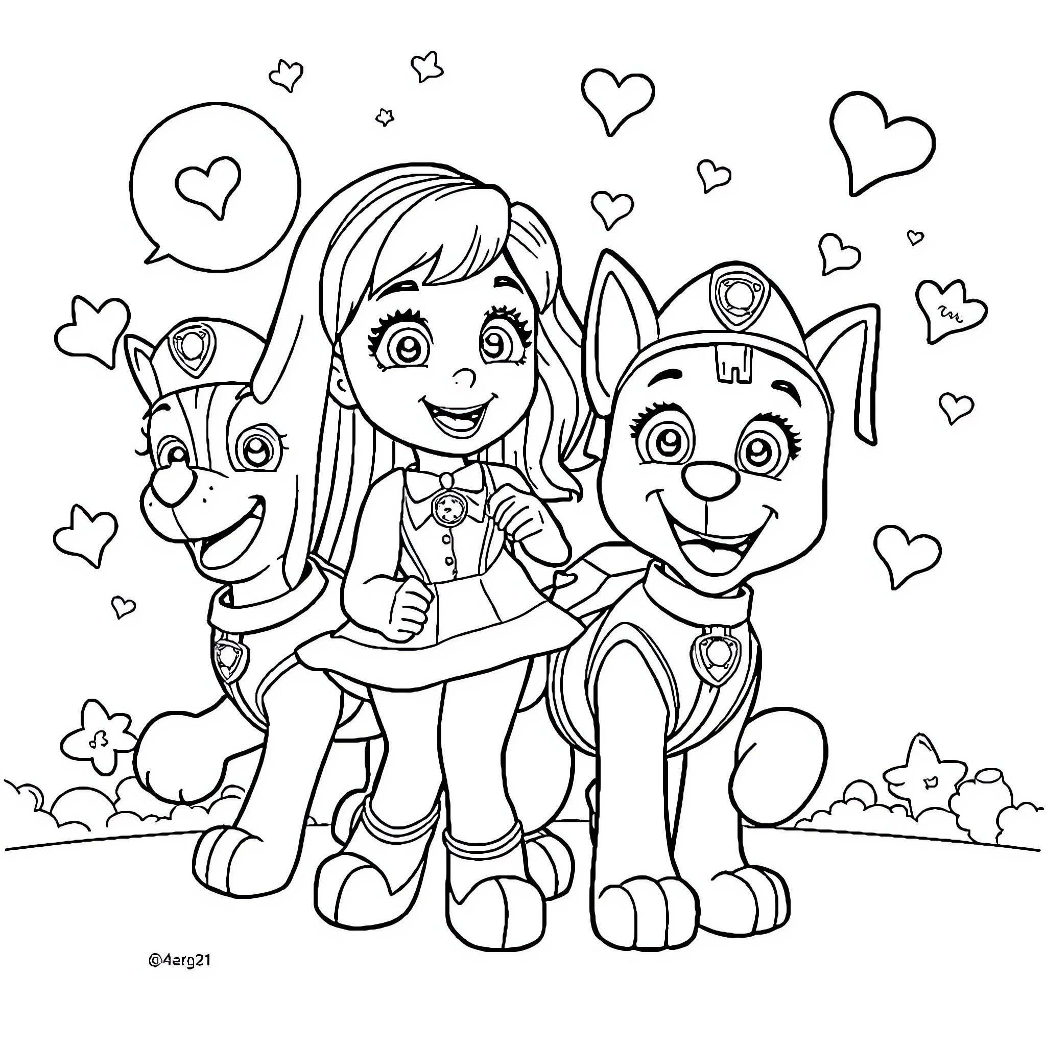 Girl playing happily with puppies Coloring Page (free black-and-white line drawing printable PDF for all, from beginners to advanced learners, including children, teens, adults, and seniors)