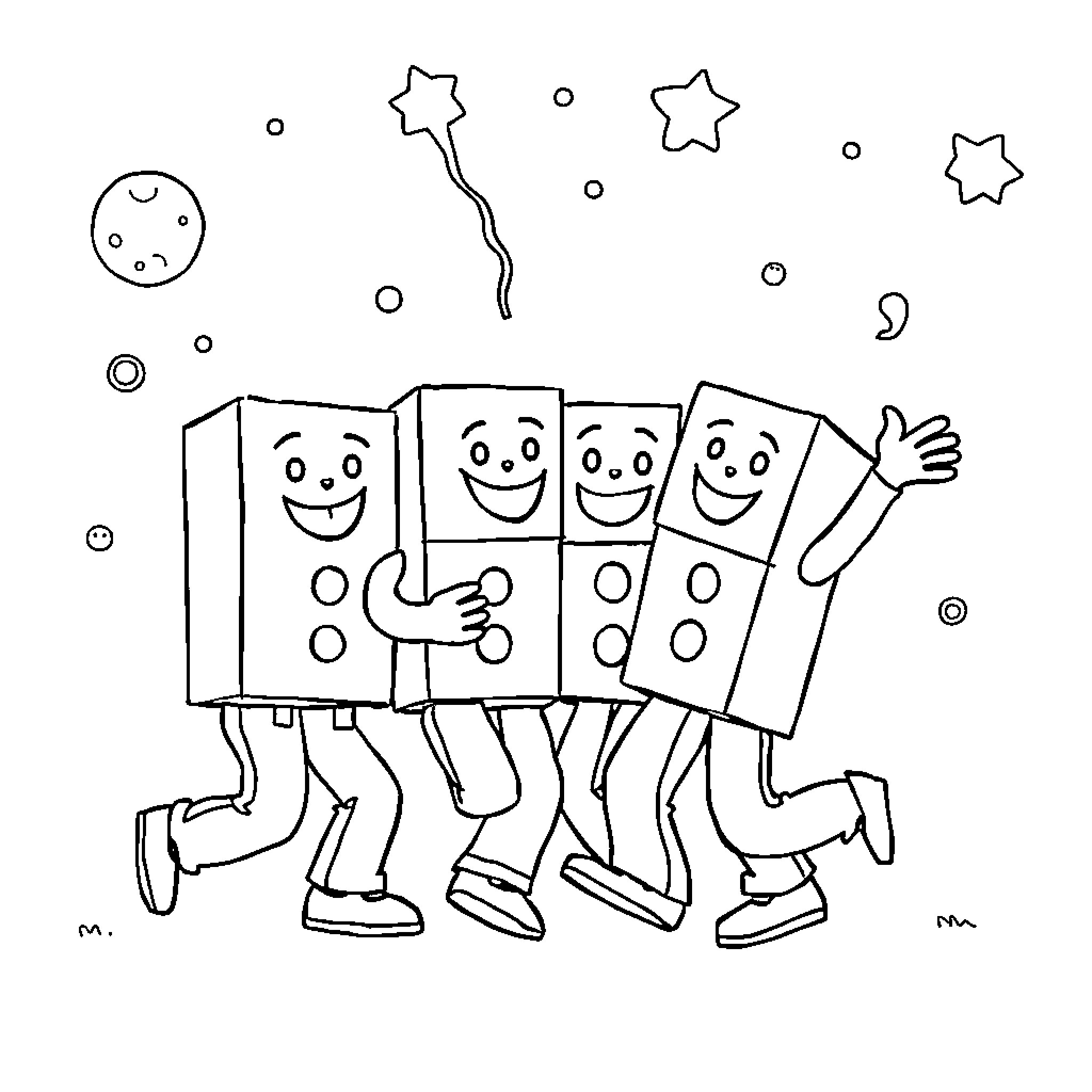 Numberblocks happily marching together under the stars Coloring Page (free black-and-white line drawing printable PDF for all, from beginners to advanced learners, including children, teens, adults, and seniors)