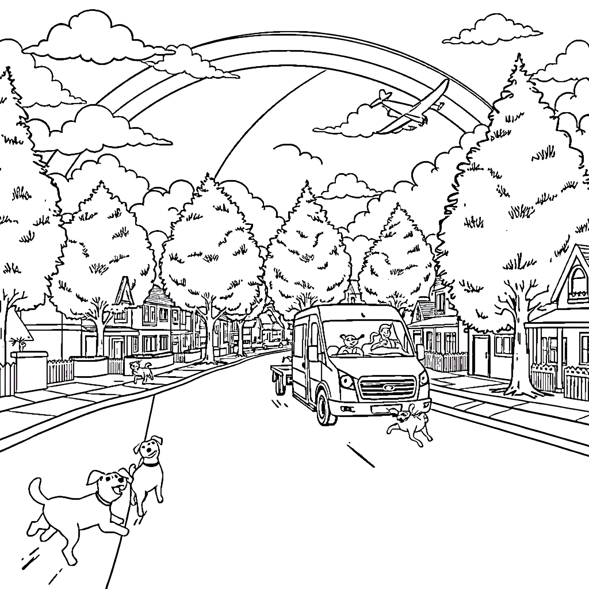 Locksmith inspects neighborhood scene with pet dog Coloring Page (free black-and-white line drawing printable PDF for all, from beginners to advanced learners, including children, teens, adults, and seniors)