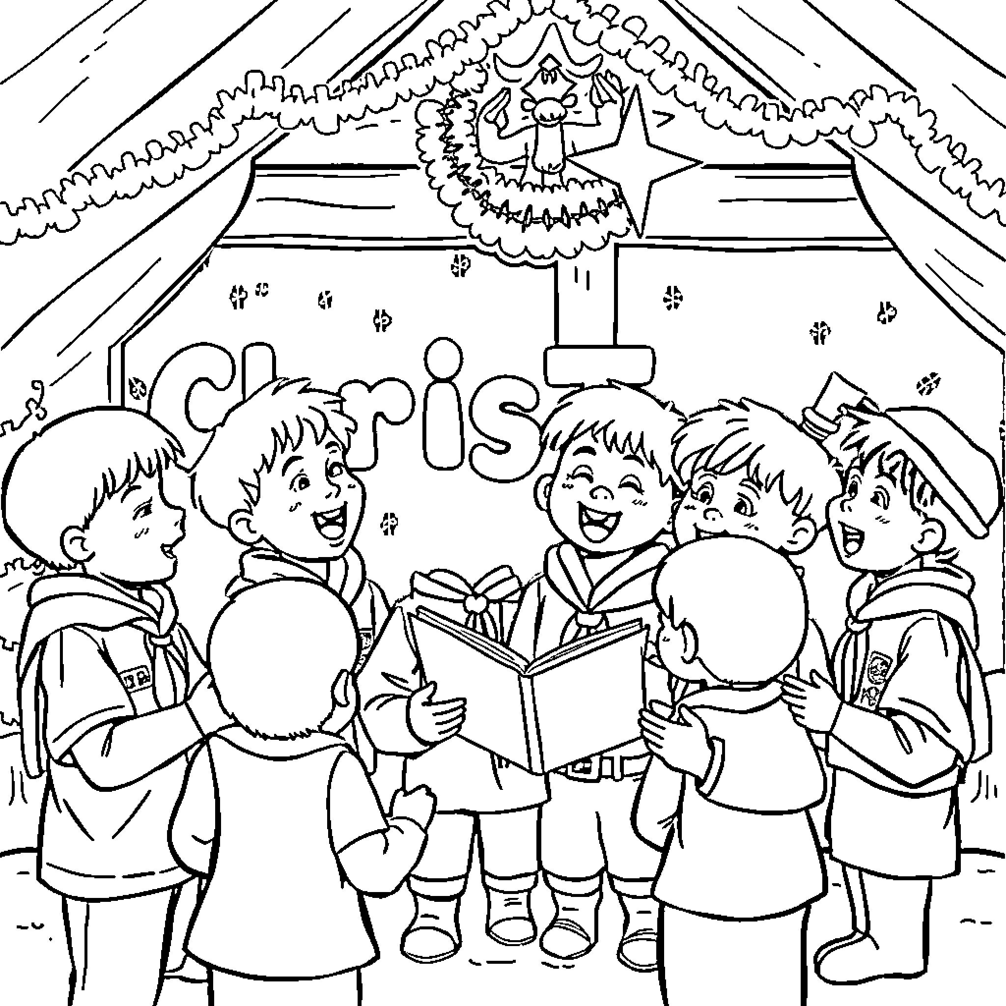 Cub Scouts caroling cheerfully during the holidays Coloring Page (free black-and-white line drawing printable PDF for all, from beginners to advanced learners, including children, teens, adults, and seniors)