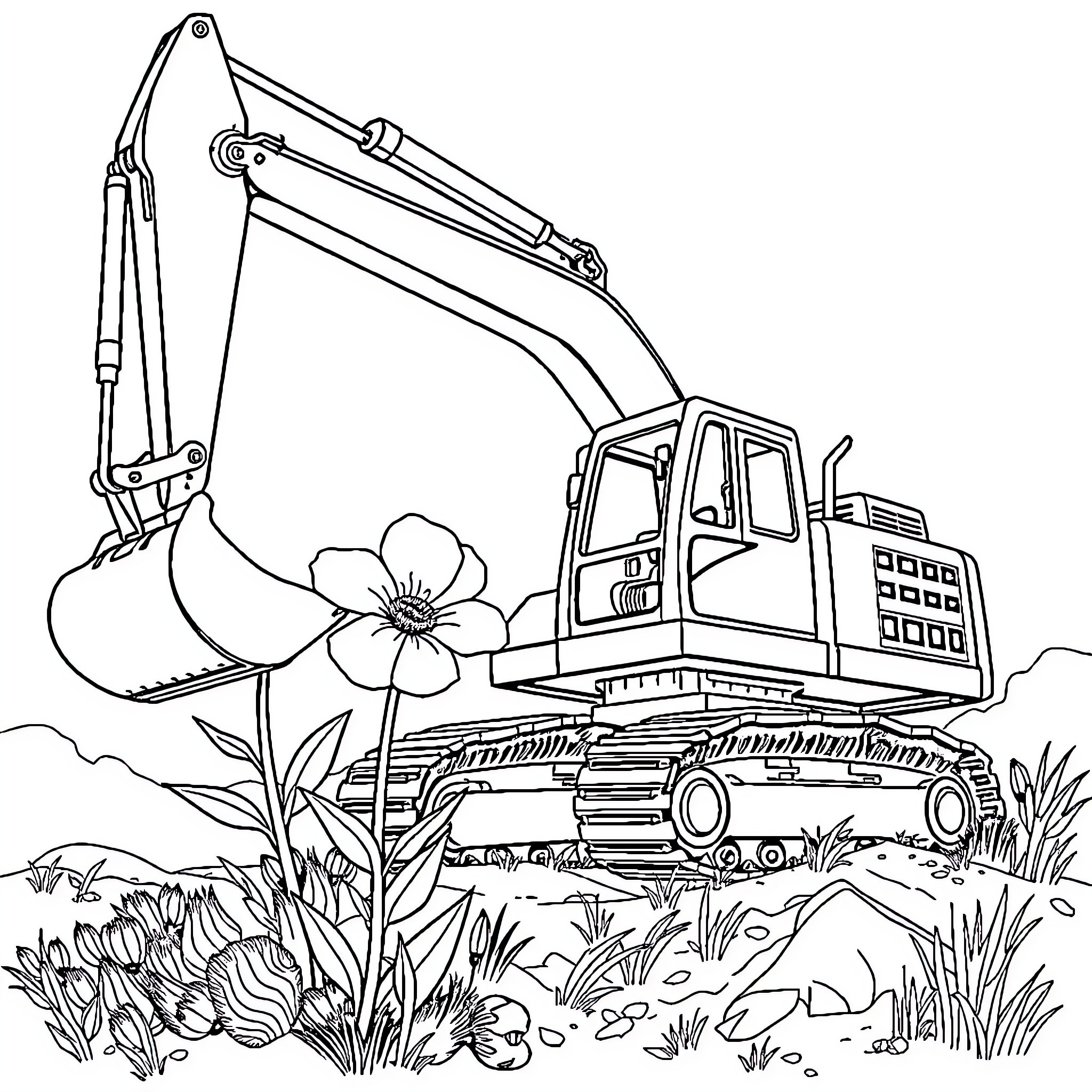 Excavator Digging in Lush Landscaped Environment Coloring Page (free black-and-white line drawing printable PDF for all, from beginners to advanced learners, including children, teens, adults, and seniors)