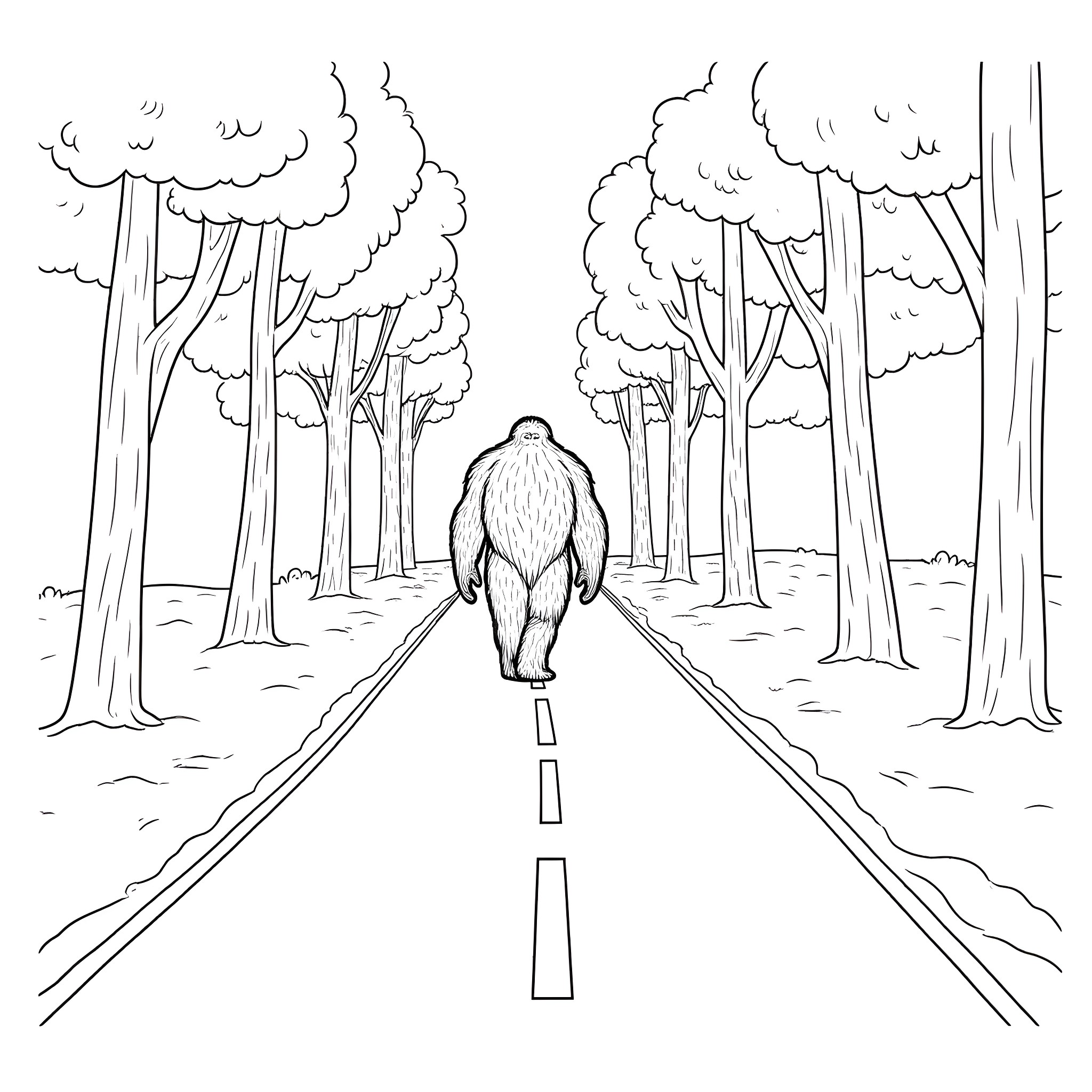 Bigfoot walking down a wooded path Coloring Page (free black-and-white line drawing printable PDF for all, from beginners to advanced learners, including children, teens, adults, and seniors)